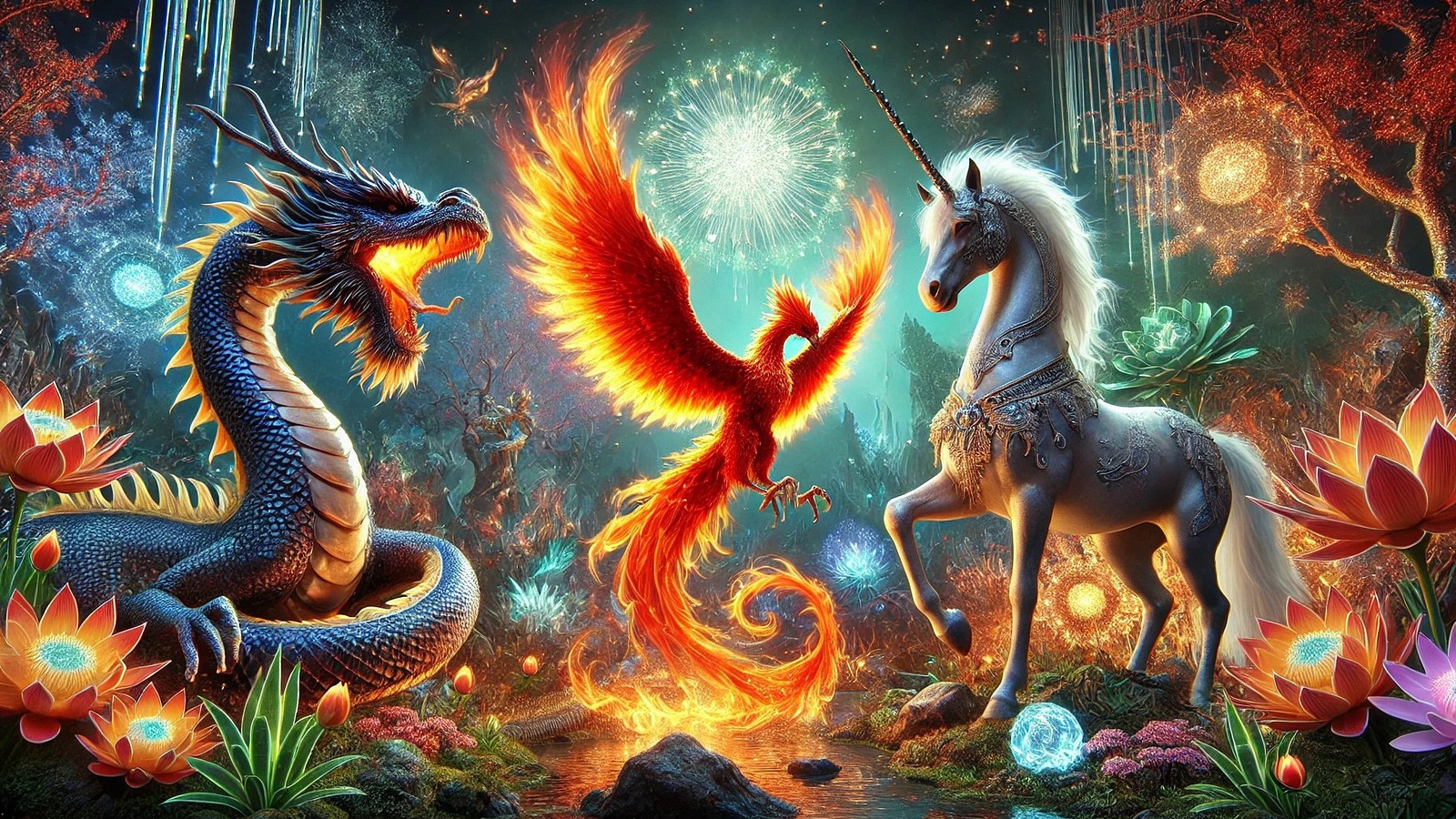 fantasy creatures, dragon, phoenix, unicorn, mystical battle, vibrant colors, enchanted forest, glowing flowers, magical ambiance, mythical showdown