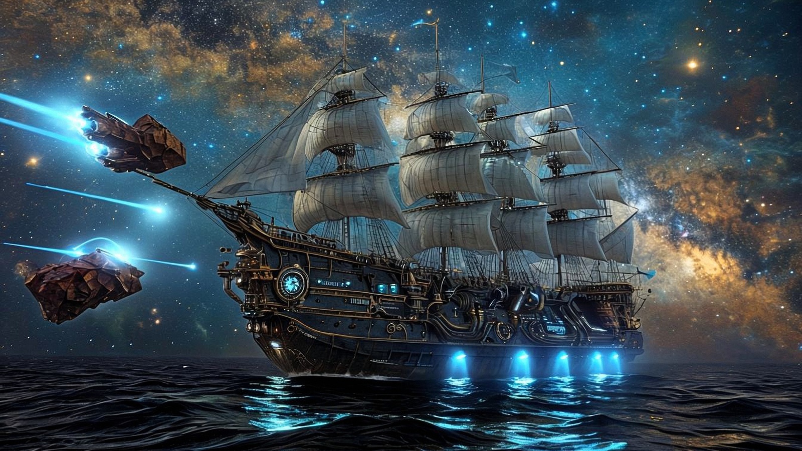 steampunk ship, space sailing, starry sky, cosmic voyage, futuristic sails, comet trails, nautical sci-fi, celestial exploration, ocean meets space, glowing blue engines