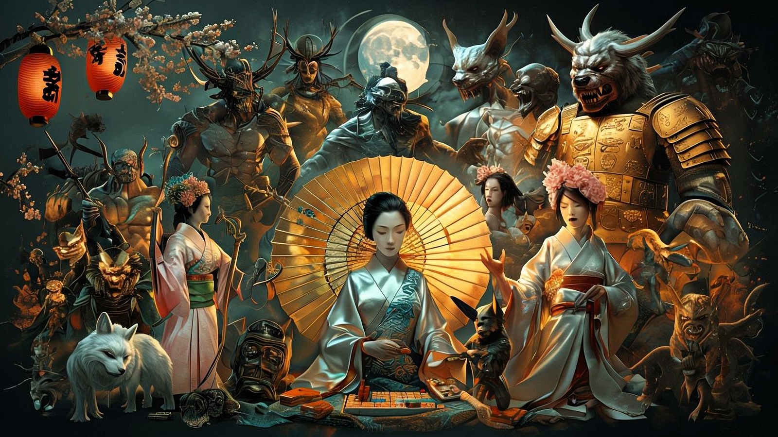 japanese mythology, folklore, demons, samurai, dragons, art, traditional, mythology, intricate, cultural