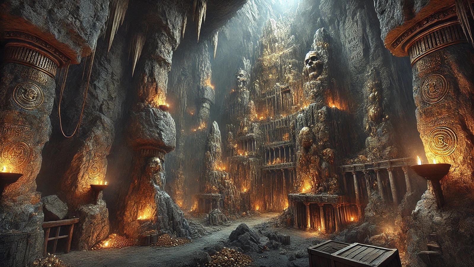 underground temple, ancient, torches, mystical, stone pillars, carvings, golden glow, eerie, hidden sanctuary, ancient civilization, sacred, treasure, dark cavern, ancient architecture, mysterious, relics, dim light, ancient symbols, mysterious glow, expl