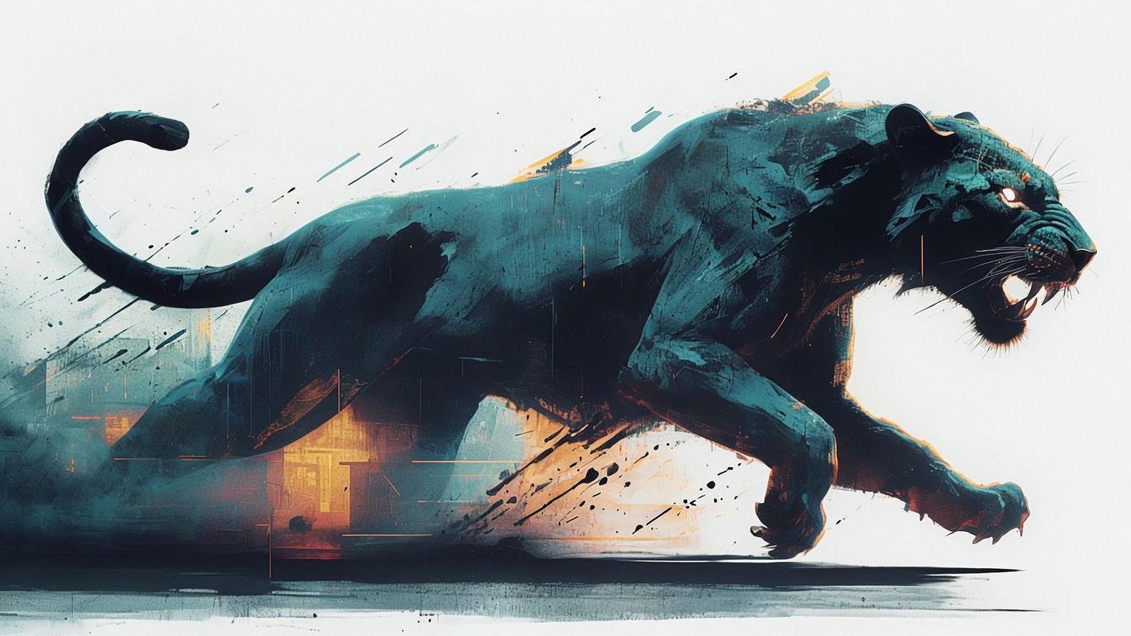 black panther, illustration, neon noir, cyberpunk, dynamic, fierce, action, energy, abstract, urban, motion, expressive, digital art, vibrant, wild, intense, stylized, futuristic, predator, powerful