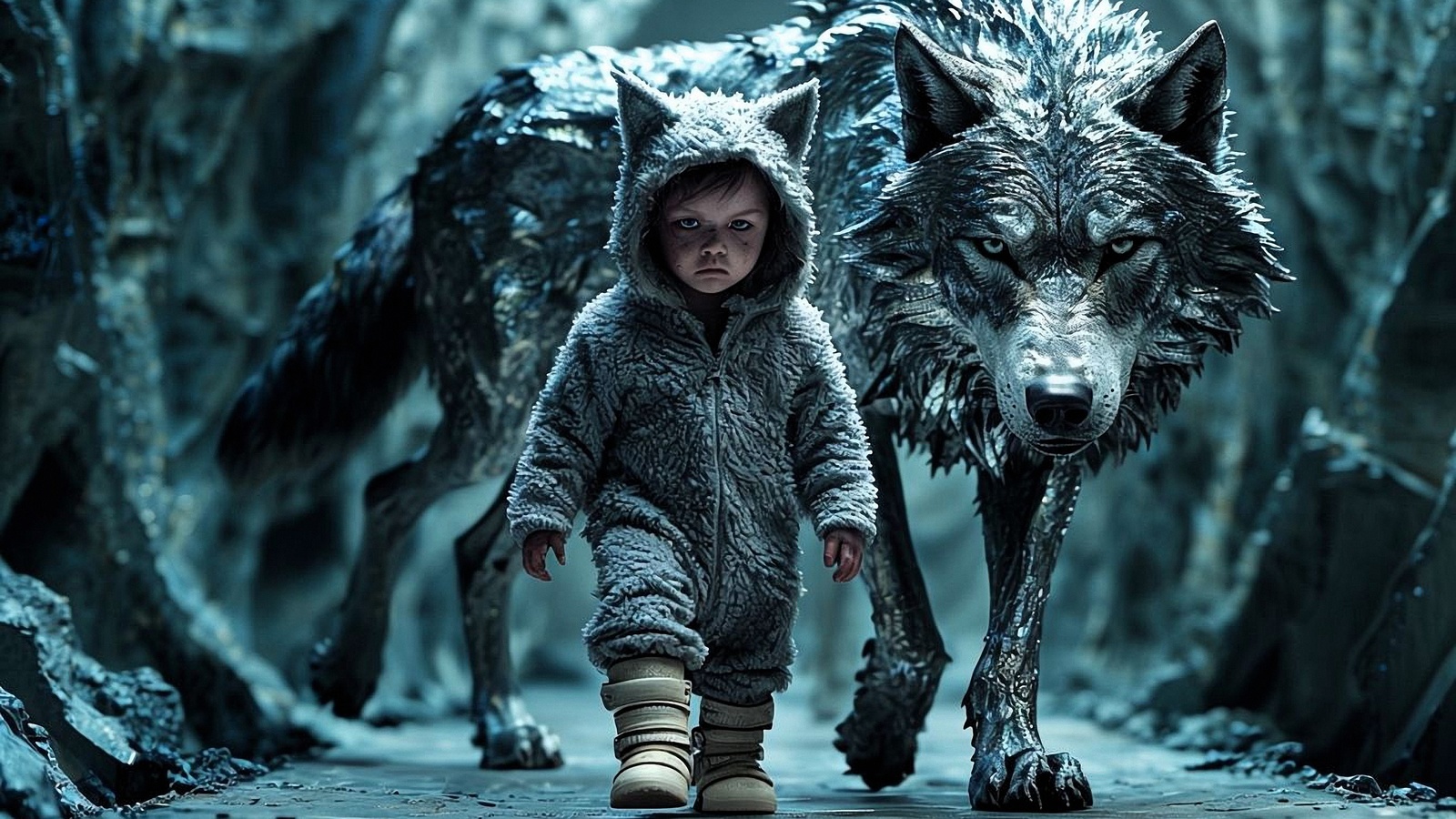 keywords: cyberpunk, child, metallic wolf, futuristic, dark, runway, companionship, wolf ears, intense gaze, adventure, sci-fi, wilderness, surreal, duo, neon, mysterious, high-tech, resilience, bond, dystopian