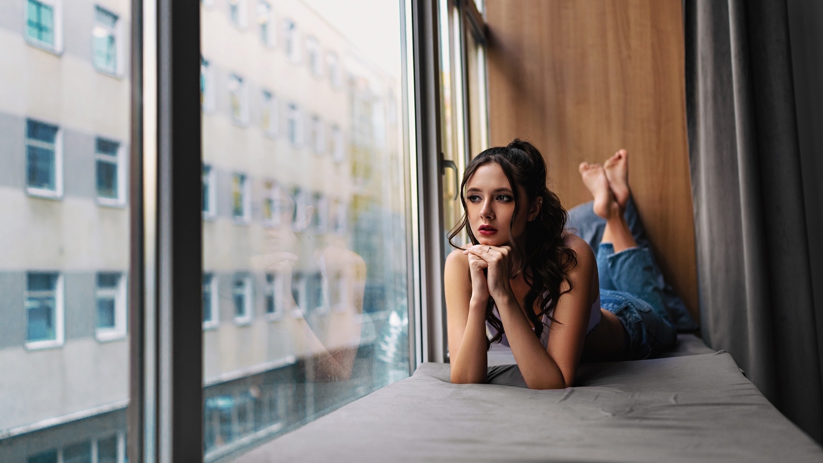 disha shemetova, jeans, by the window, white tops, tattoo, red lipstick, brunette, lying on front, , makeup, women indoors, looking out window, model