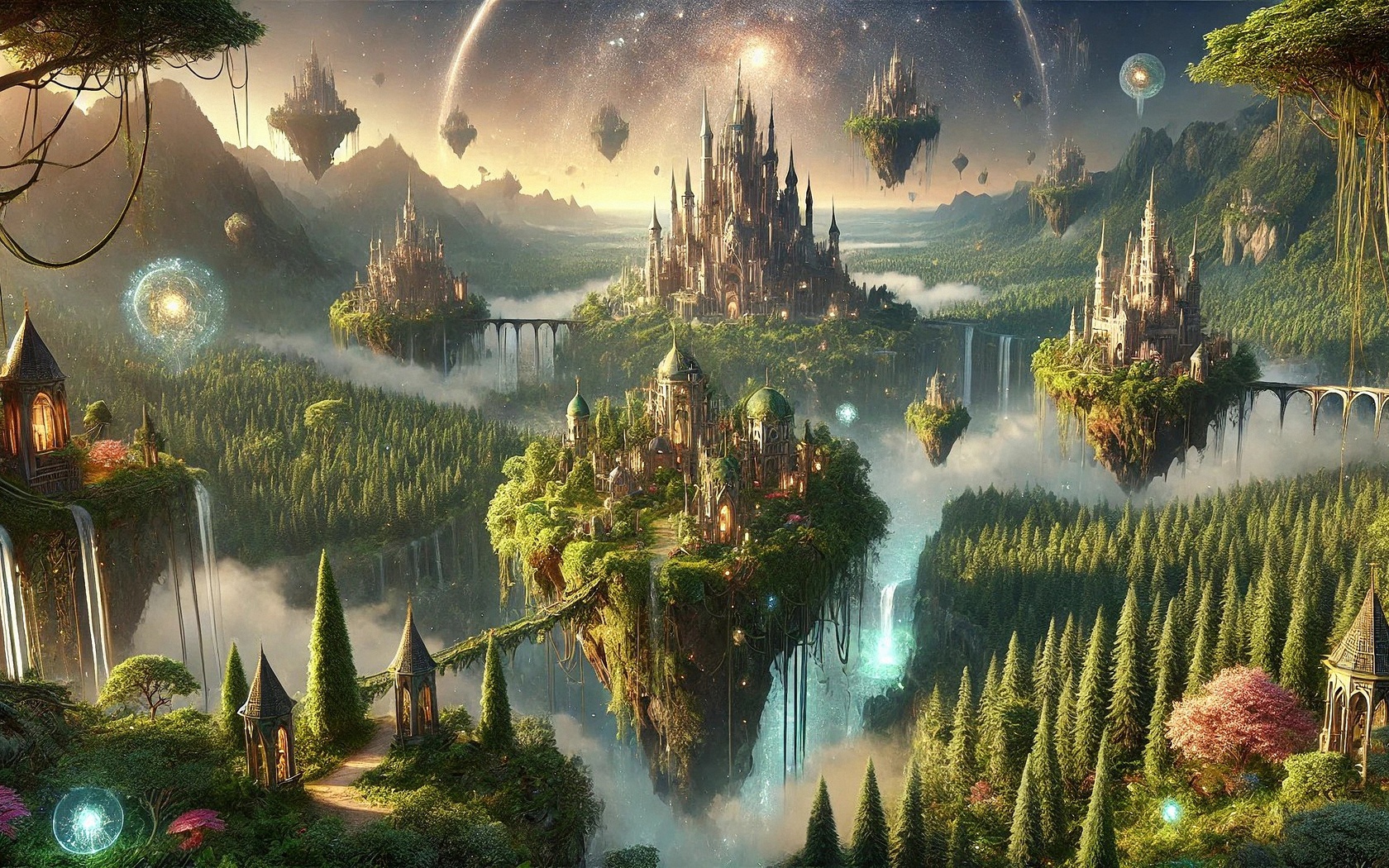 fantasy, floating city, magical landscape, enchanted forest, surreal, mystical, clouds, waterfalls, fantasy architecture, dreamscape