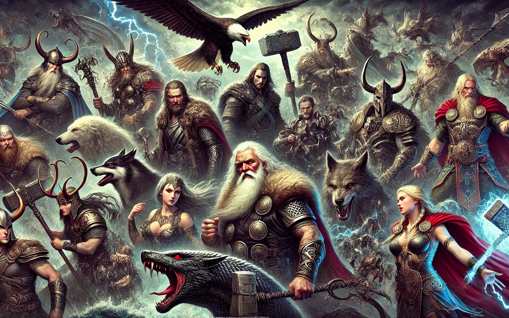 norse mythology, gods, warriors, vikings, thor, odin, loki, wolves, mjolnir, valkyrie, epic battle, fantasy art