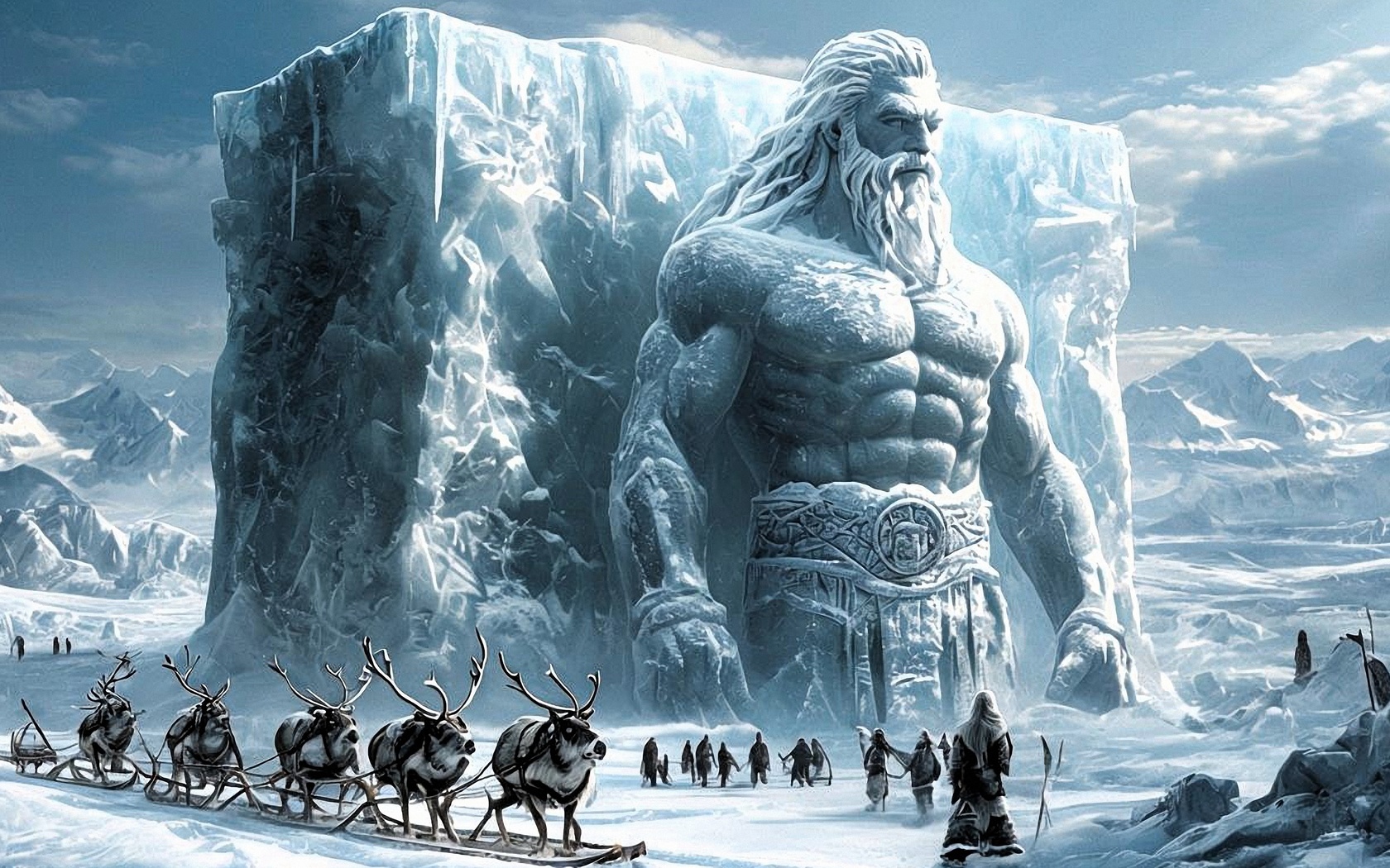 epic fantasy, giant icy statue, arctic landscape, frozen giant, norse mythology, snow-covered mountains, reindeer sleigh, ancient travelers, winter wilderness, majestic frozen sculpture