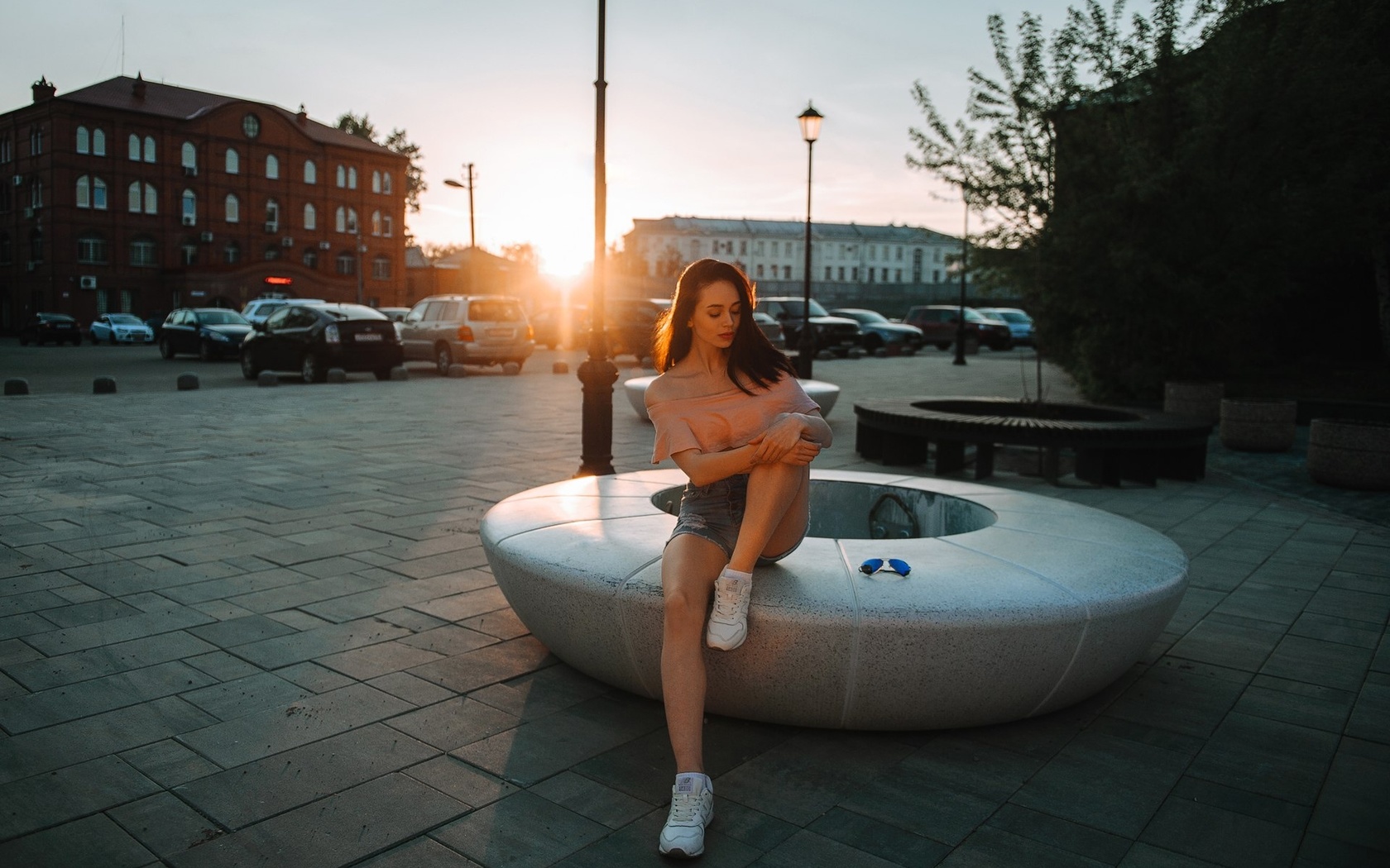 women, jean shorts, pink tops, women outdoors, public, redhead, urban, sitting, , car, model, red lipstick, sneakers, brunette, sky, sunglasses, sun, closed eyes