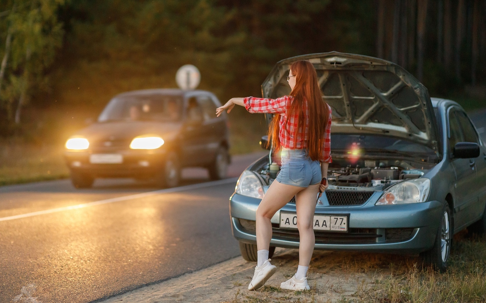 , model, jean shorts, women outdoors, sergey sergeev, ass, road, redhead, women with cars, nature, plaid shirt, nadezhda tretyakova, women, women with glasses, long hair, sneakers