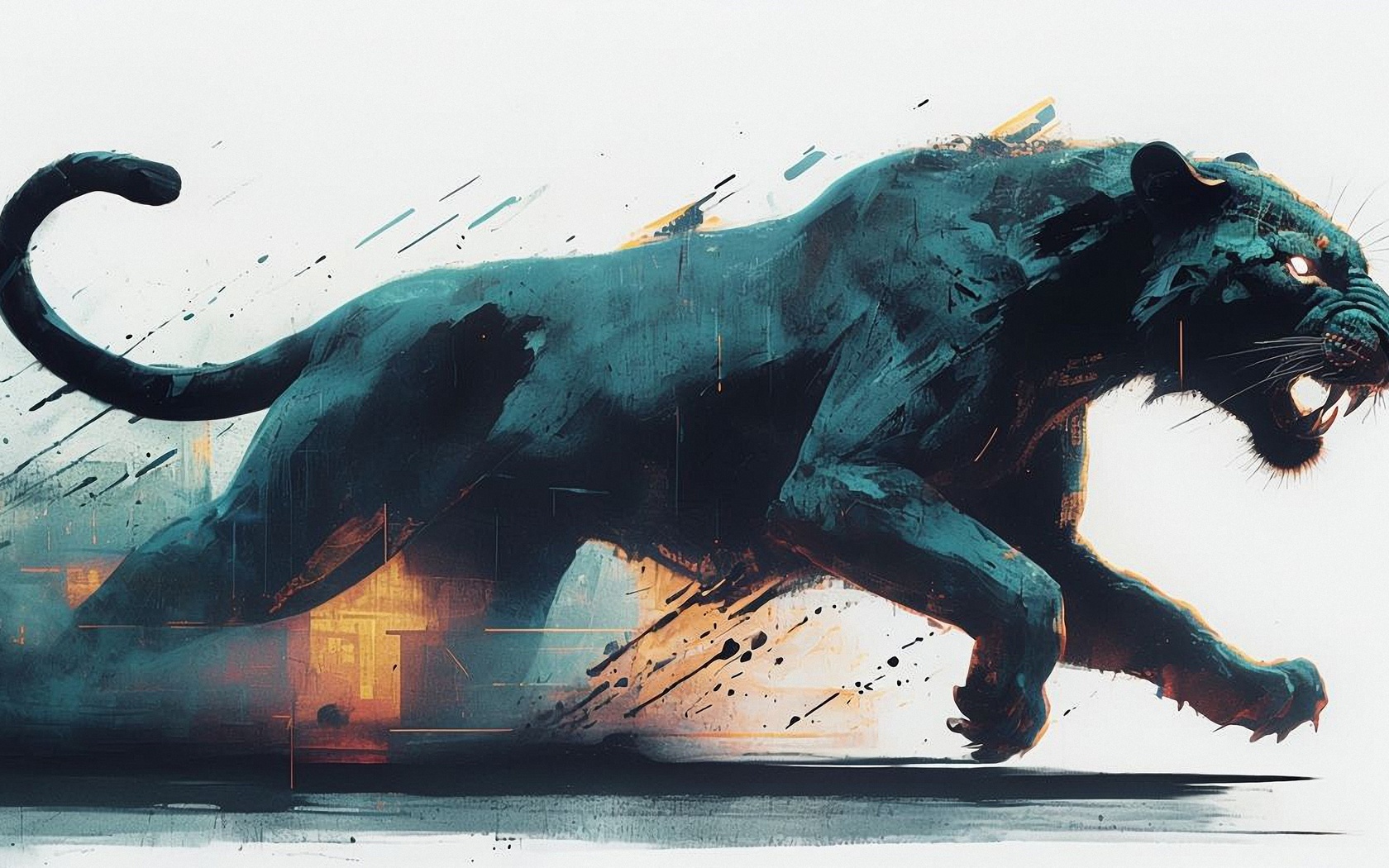 black panther, illustration, neon noir, cyberpunk, dynamic, fierce, action, energy, abstract, urban, motion, expressive, digital art, vibrant, wild, intense, stylized, futuristic, predator, powerful