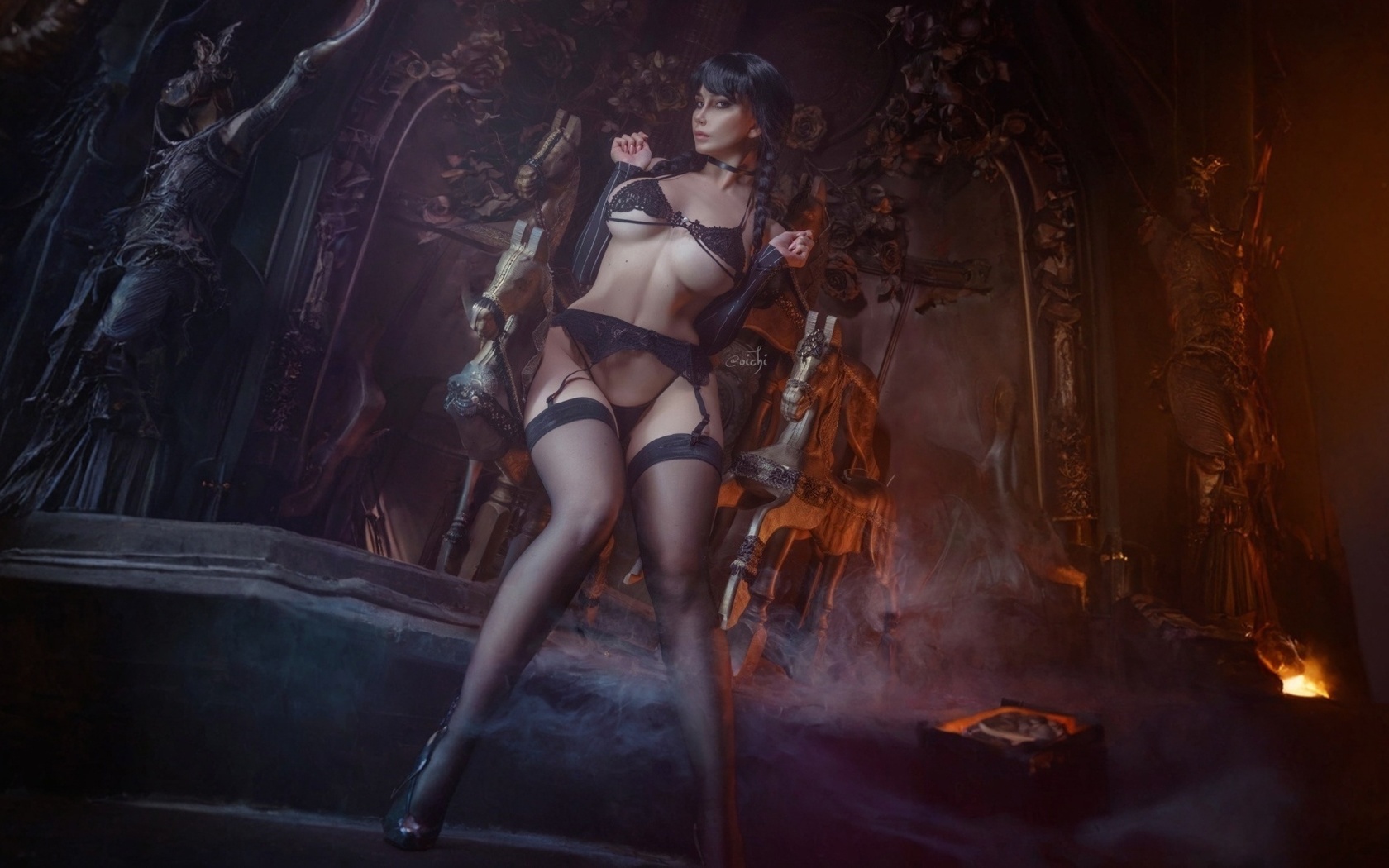 vera andreeva, brunette, wednesday, women indoors, wednesday addams, ass, wednesday tv series, cosplay, black lingerie, model, hips, legs, black stockings, braids, gothic, garter belt