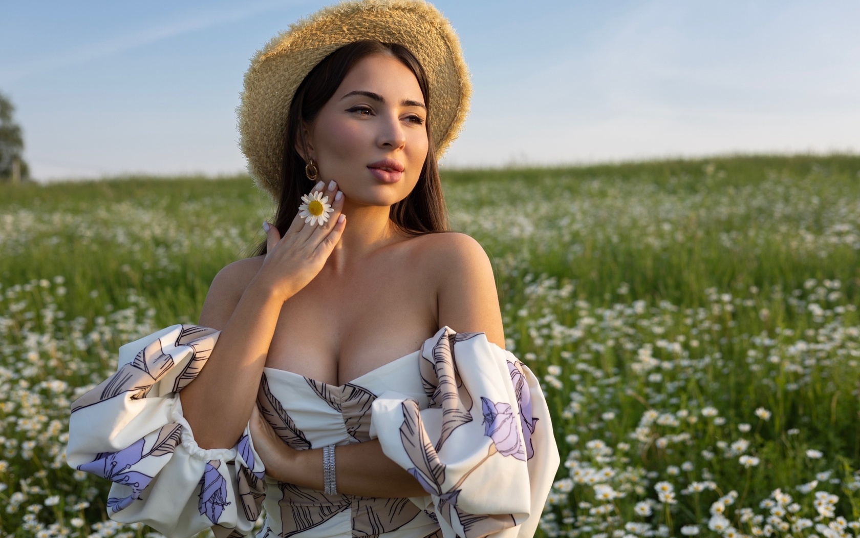 chamomile, model, dress, , brunette, flowers, field, women outdoors, straw hat, nature, sky, summer dress, clouds, neckline, 