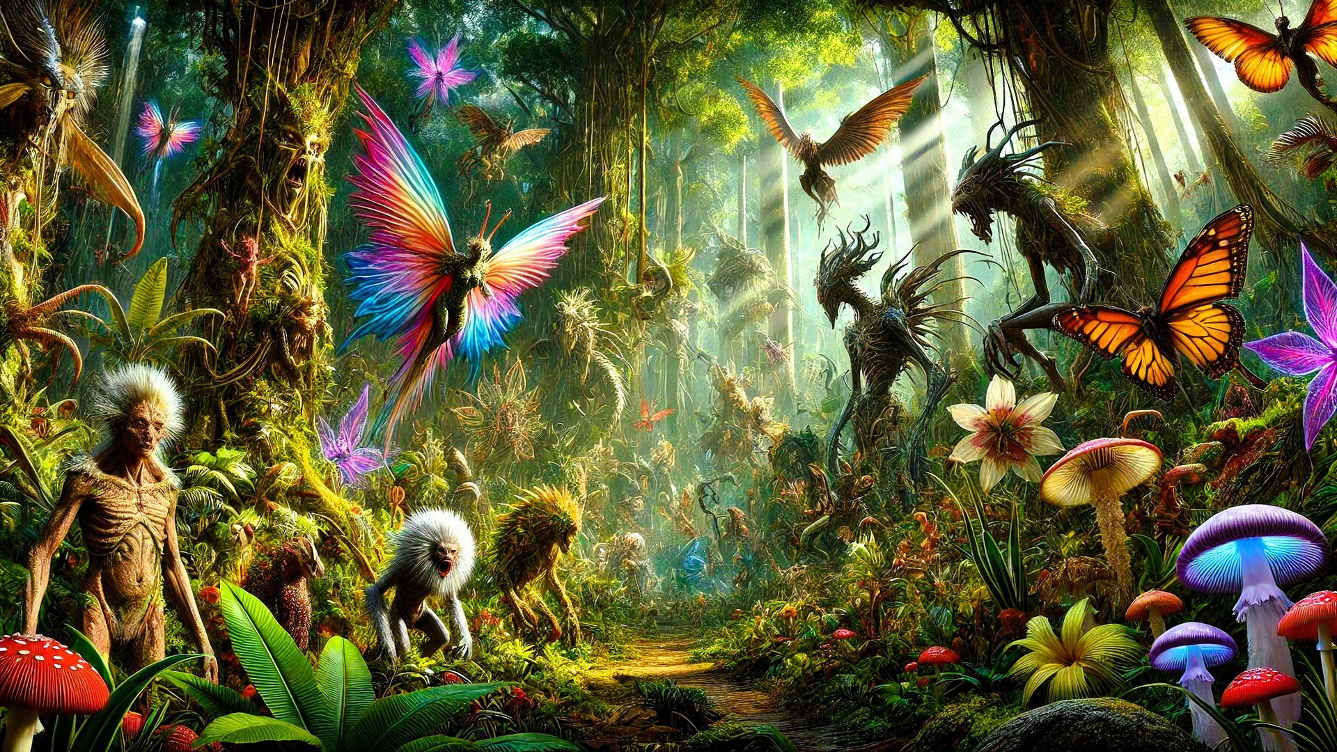 enchanted forest, fantasy creatures, colorful butterflies, magical plants, mystical atmosphere, surreal, fairytale, forest spirits, glowing mushrooms, nature