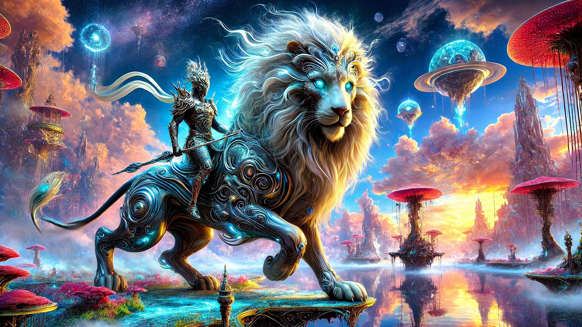 warrior, giant lion, fantasy landscape, magical world, floating islands, surrealism, glowing mushrooms, cosmic sky, mystical creature, epic fantasy