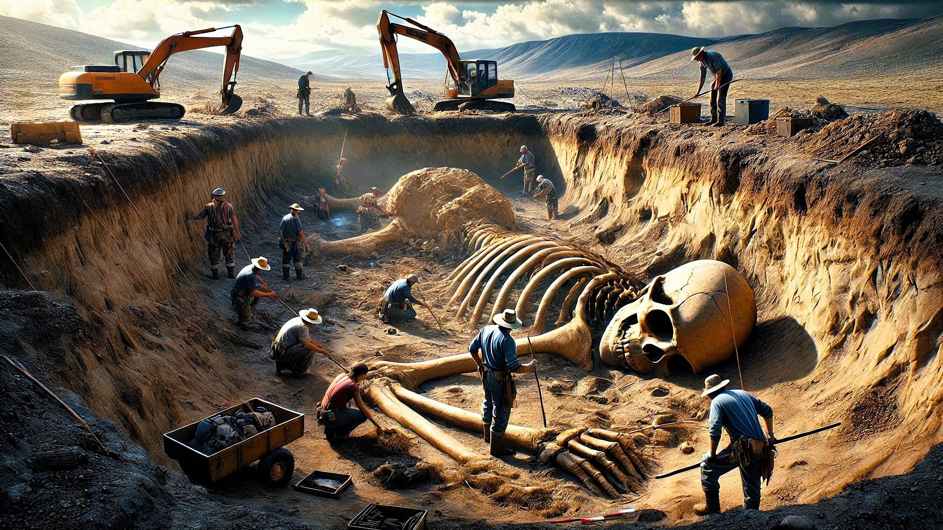 archaeology, excavation, giant skeleton, discovery, ancient bones, dig site, scientists, historical, mystery, desert