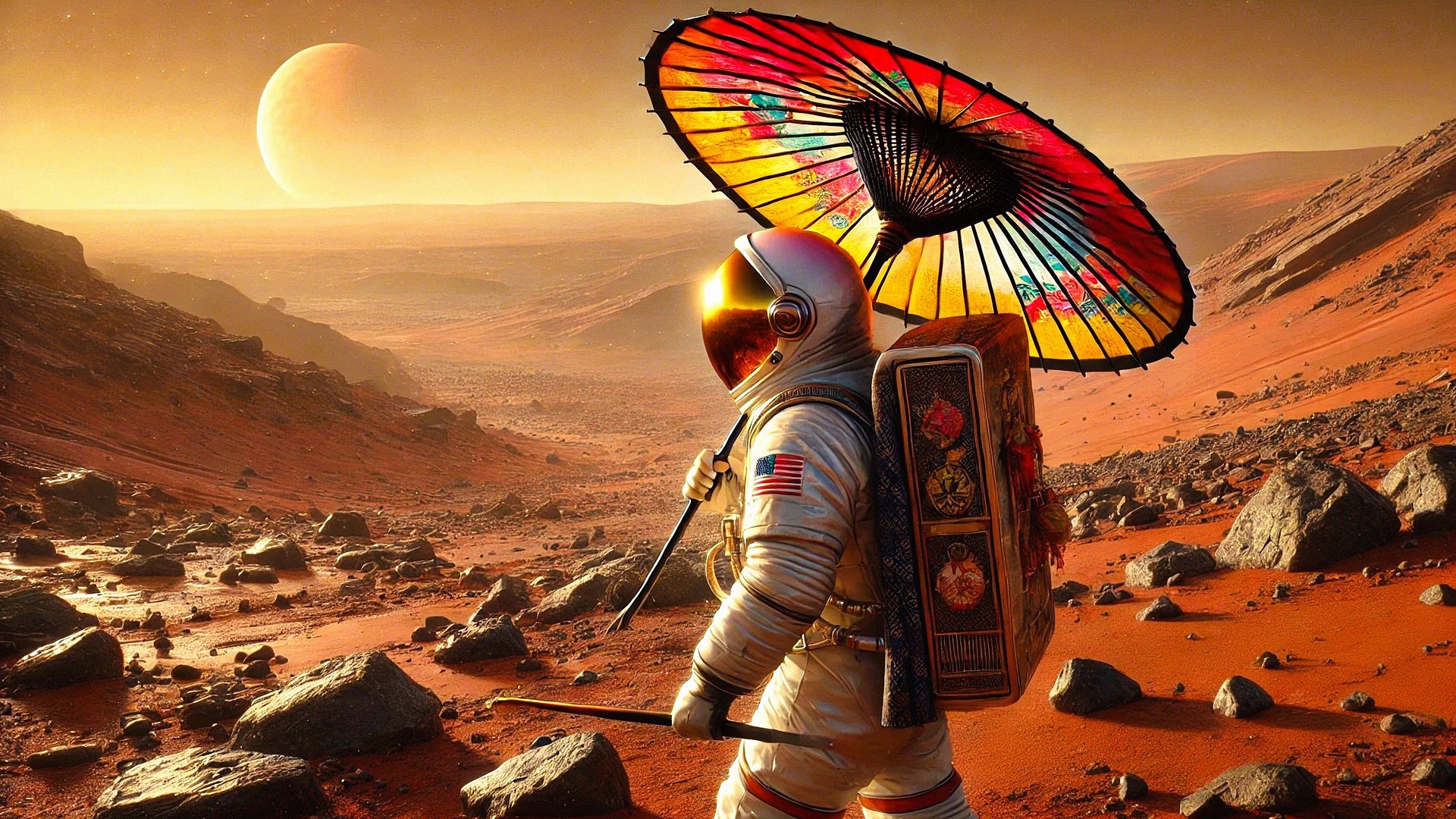 astronaut, mars, space exploration, parasol, surreal, futuristic, desert landscape, red planet, sci-fi, sunset