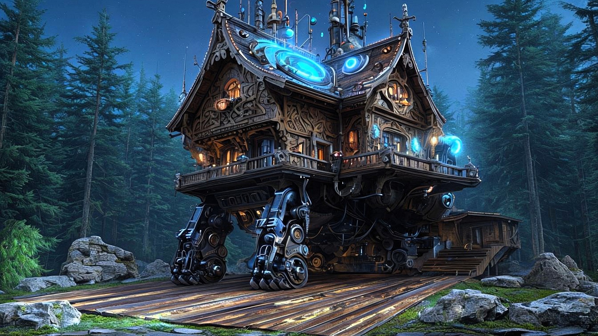 futuristic house, mechanized structure, forest setting, night sky, glowing technology, steampunk vibes, advanced architecture, robotic legs, enchanted forest, cosmic energy