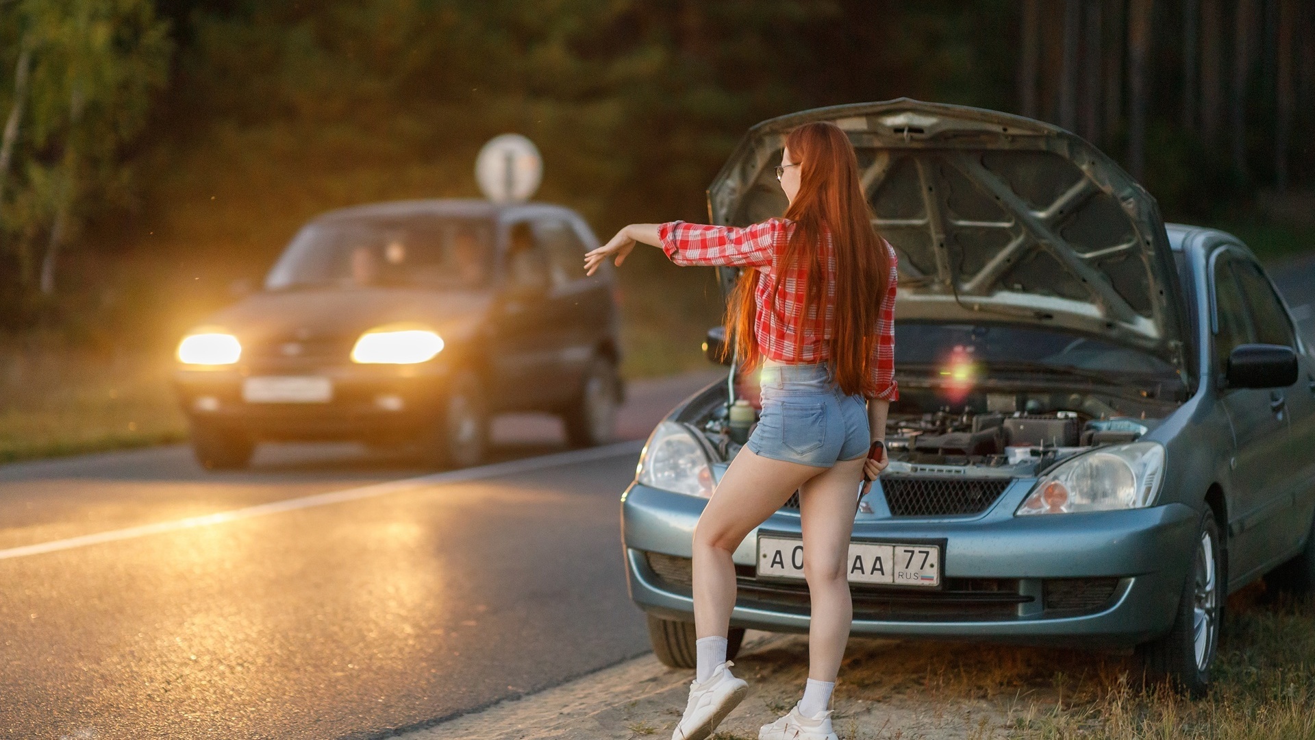 , model, jean shorts, women outdoors, sergey sergeev, ass, road, redhead, women with cars, nature, plaid shirt, nadezhda tretyakova, women, women with glasses, long hair, sneakers