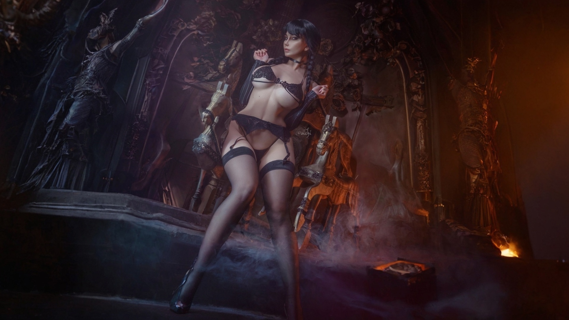 vera andreeva, brunette, wednesday, women indoors, wednesday addams, ass, wednesday tv series, cosplay, black lingerie, model, hips, legs, black stockings, braids, gothic, garter belt