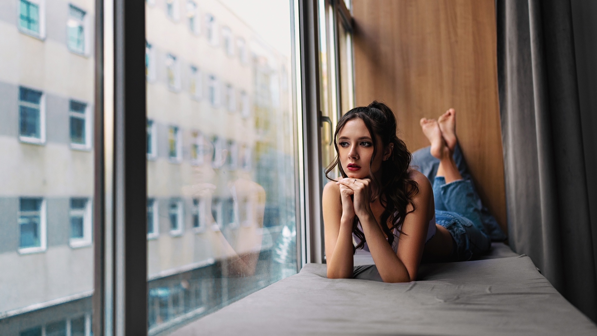 disha shemetova, jeans, by the window, white tops, tattoo, red lipstick, brunette, lying on front, , makeup, women indoors, looking out window, model