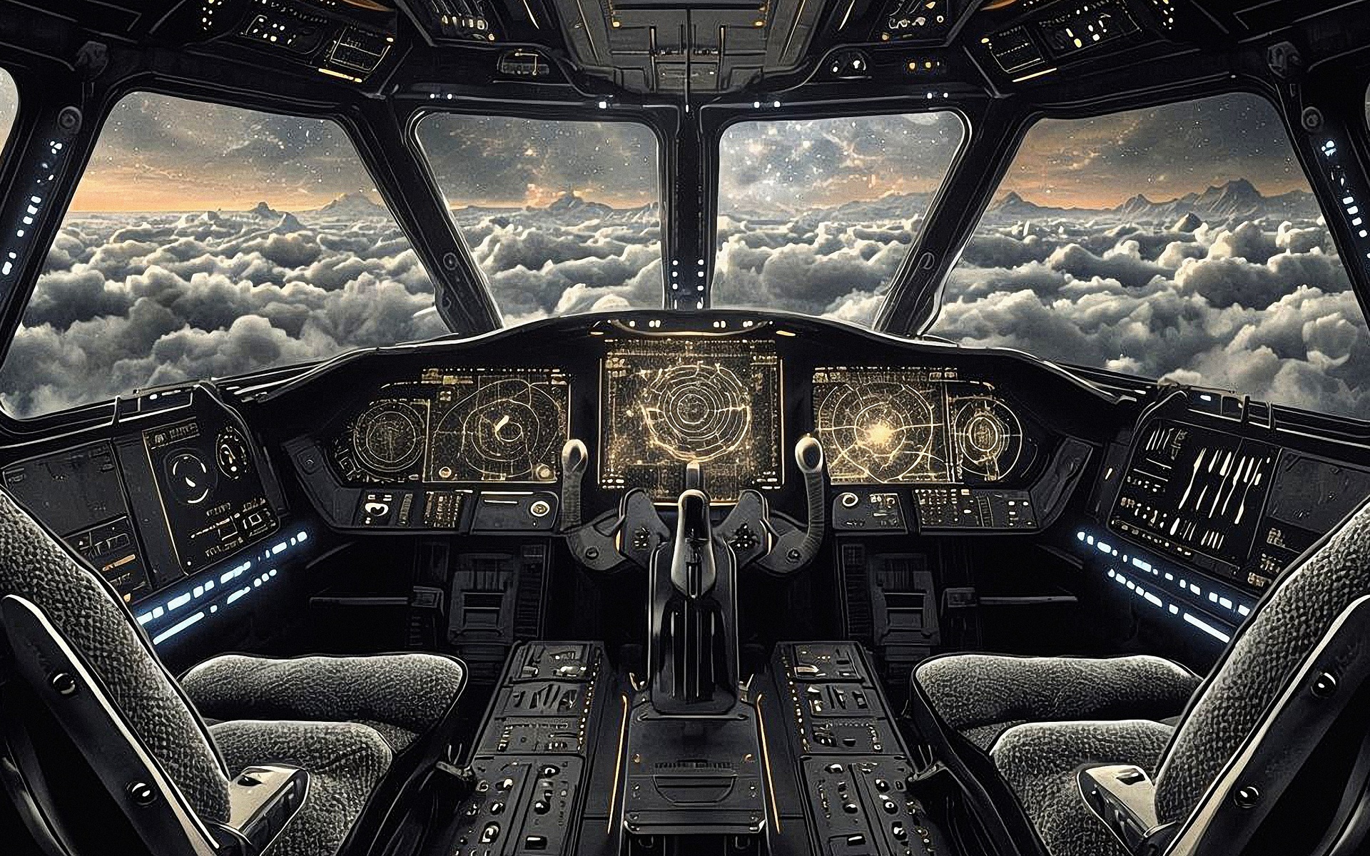 cockpit, futuristic, holographic displays, technology, controls, flight deck, scenic view, clouds, sci-fi, advanced