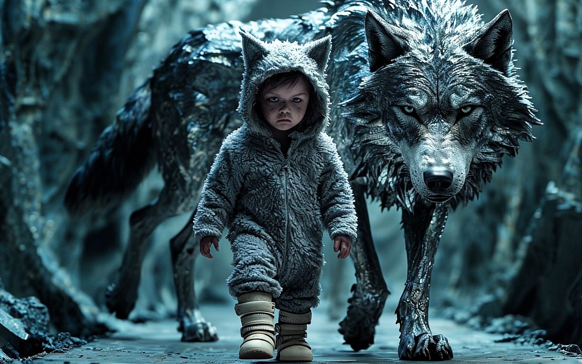 keywords: cyberpunk, child, metallic wolf, futuristic, dark, runway, companionship, wolf ears, intense gaze, adventure, sci-fi, wilderness, surreal, duo, neon, mysterious, high-tech, resilience, bond, dystopian