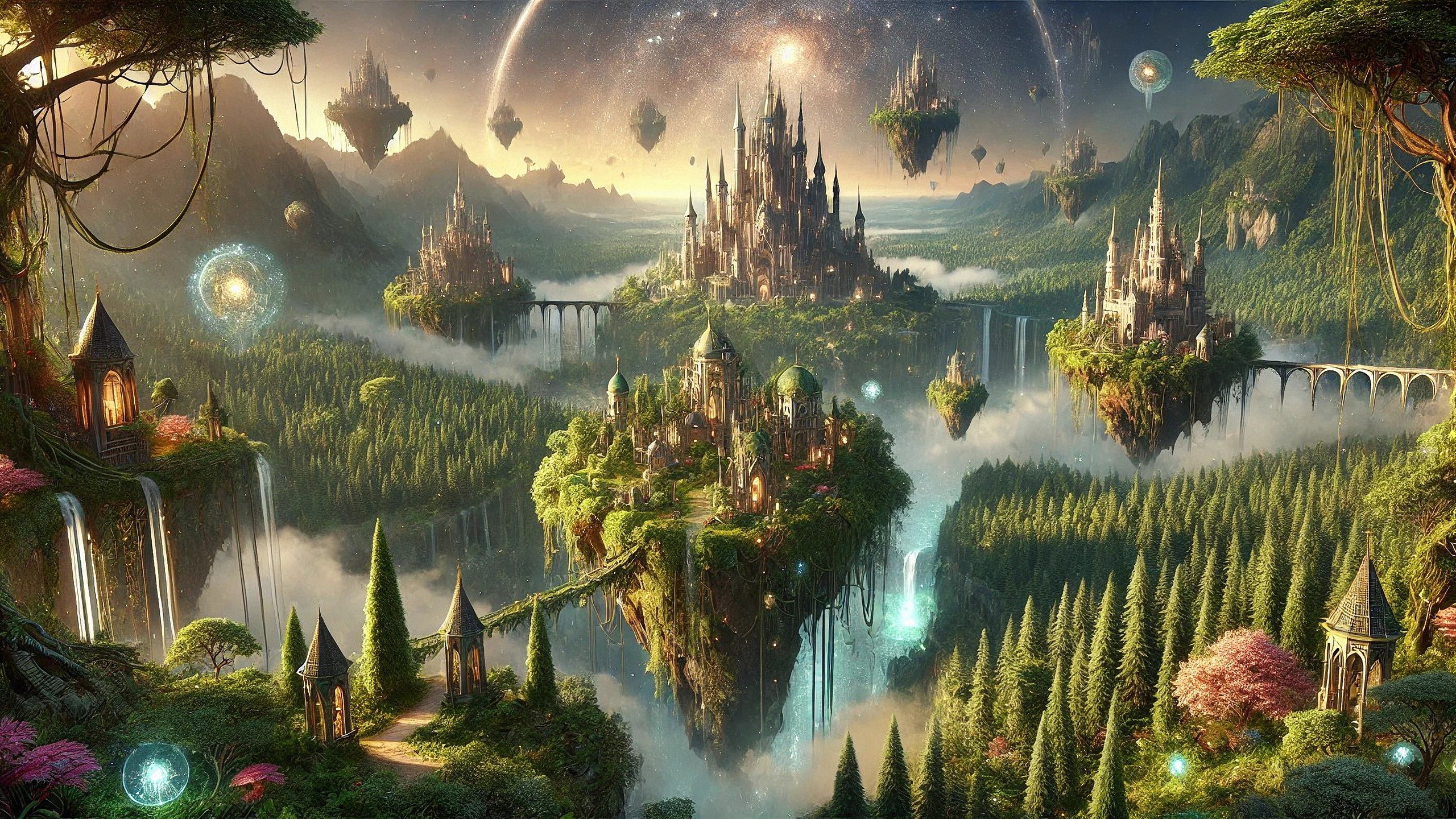 fantasy, floating city, magical landscape, enchanted forest, surreal, mystical, clouds, waterfalls, fantasy architecture, dreamscape