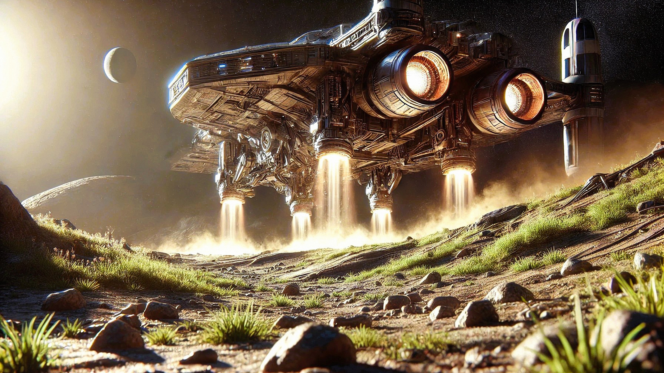 spaceship landing, alien terrain, sci-fi scene, futuristic spacecraft, extraterrestrial exploration, interstellar journey, otherworldly landscape, cosmic adventure, planetary descent, space colonization