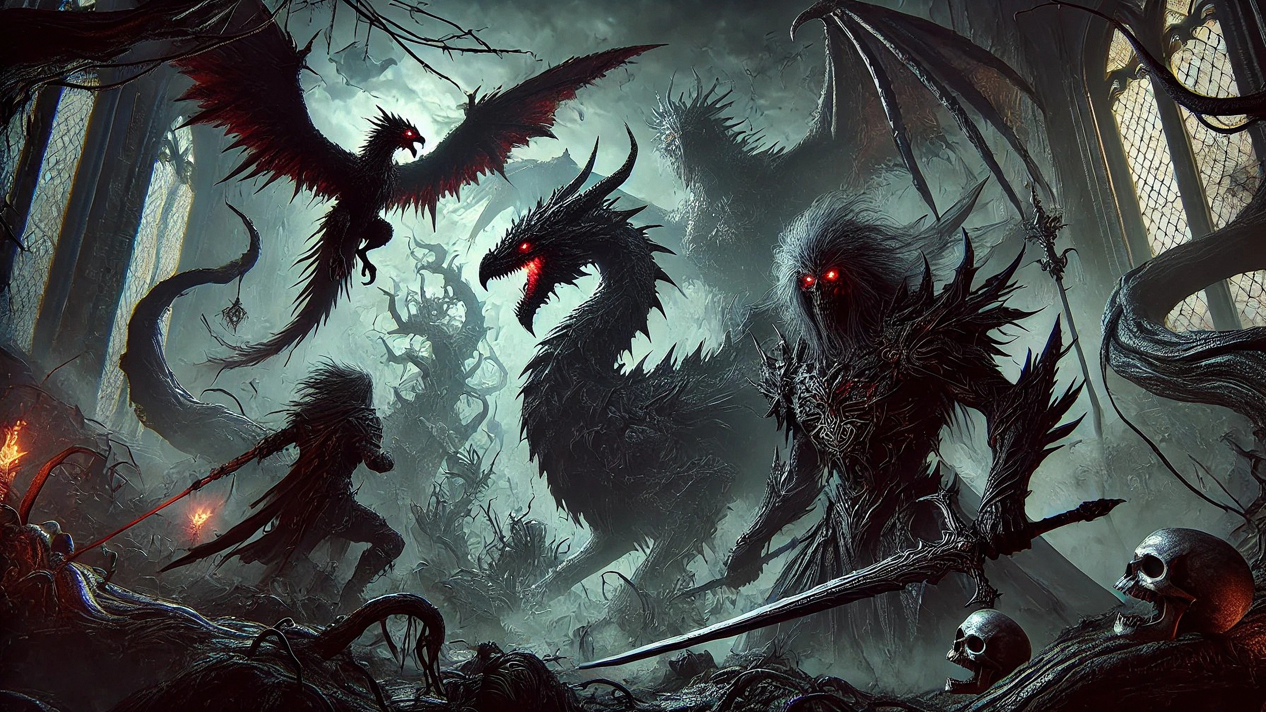 dark fantasy, eerie dungeon, demonic creatures, glowing red eyes, shadowy figures, battle scene, ominous atmosphere, twisted trees, gothic architecture, intense confrontation