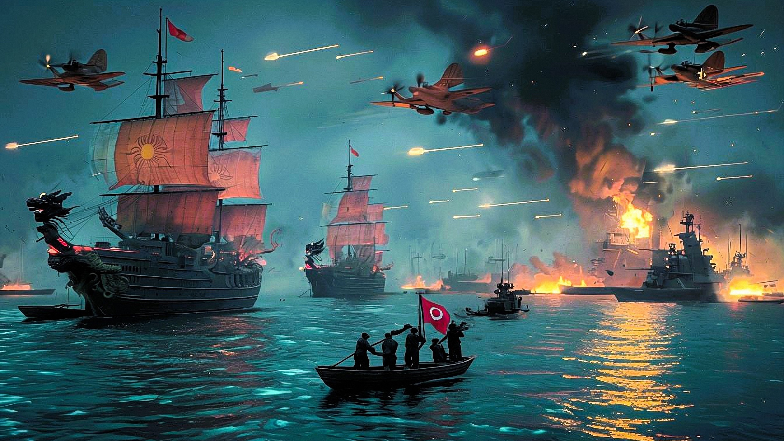 naval battle, neon noir, cyberpunk aesthetic, blazing ships, fighter planes, dramatic sky, intense combat, dragon-headed ships, futuristic warfare, ocean battle