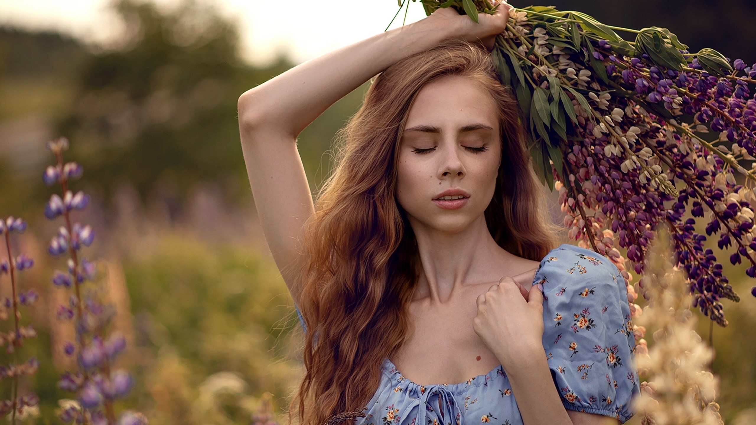 lavender, model, purple flowers, closed eyes, field, , blonde, sky, blue dress, women outdoors, summer dress, nature, plants