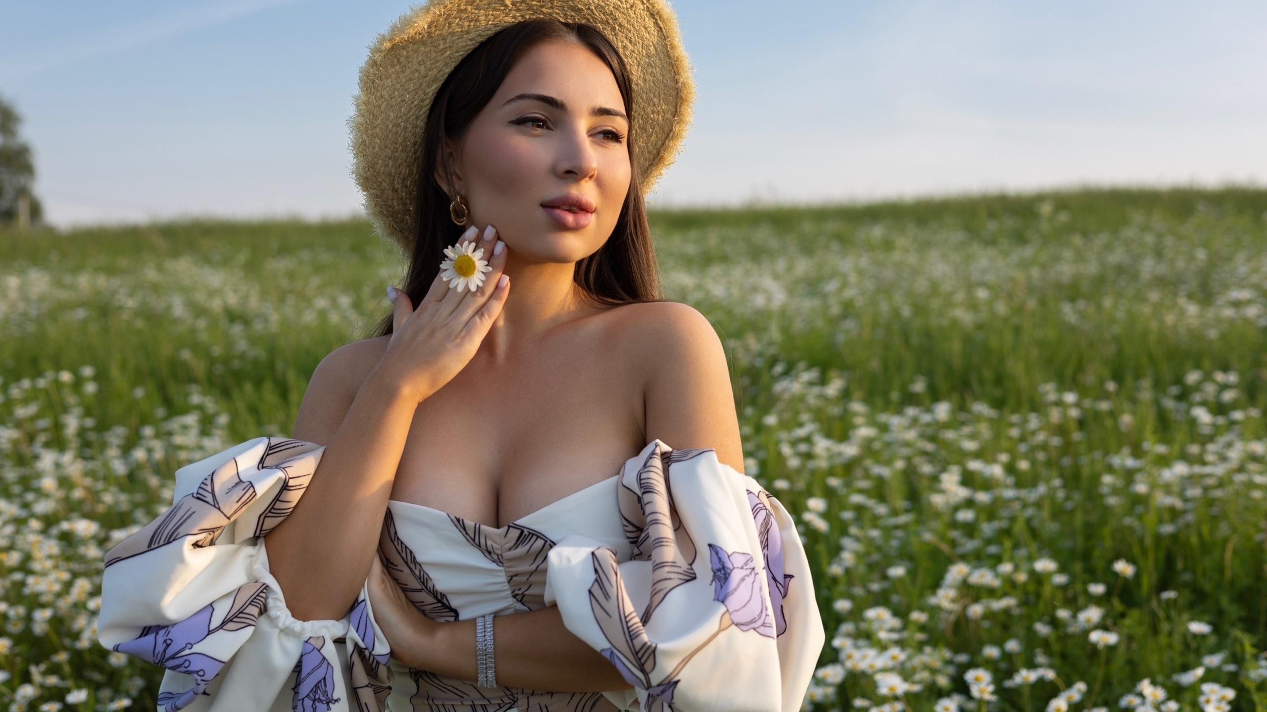 chamomile, model, dress, , brunette, flowers, field, women outdoors, straw hat, nature, sky, summer dress, clouds, neckline, 