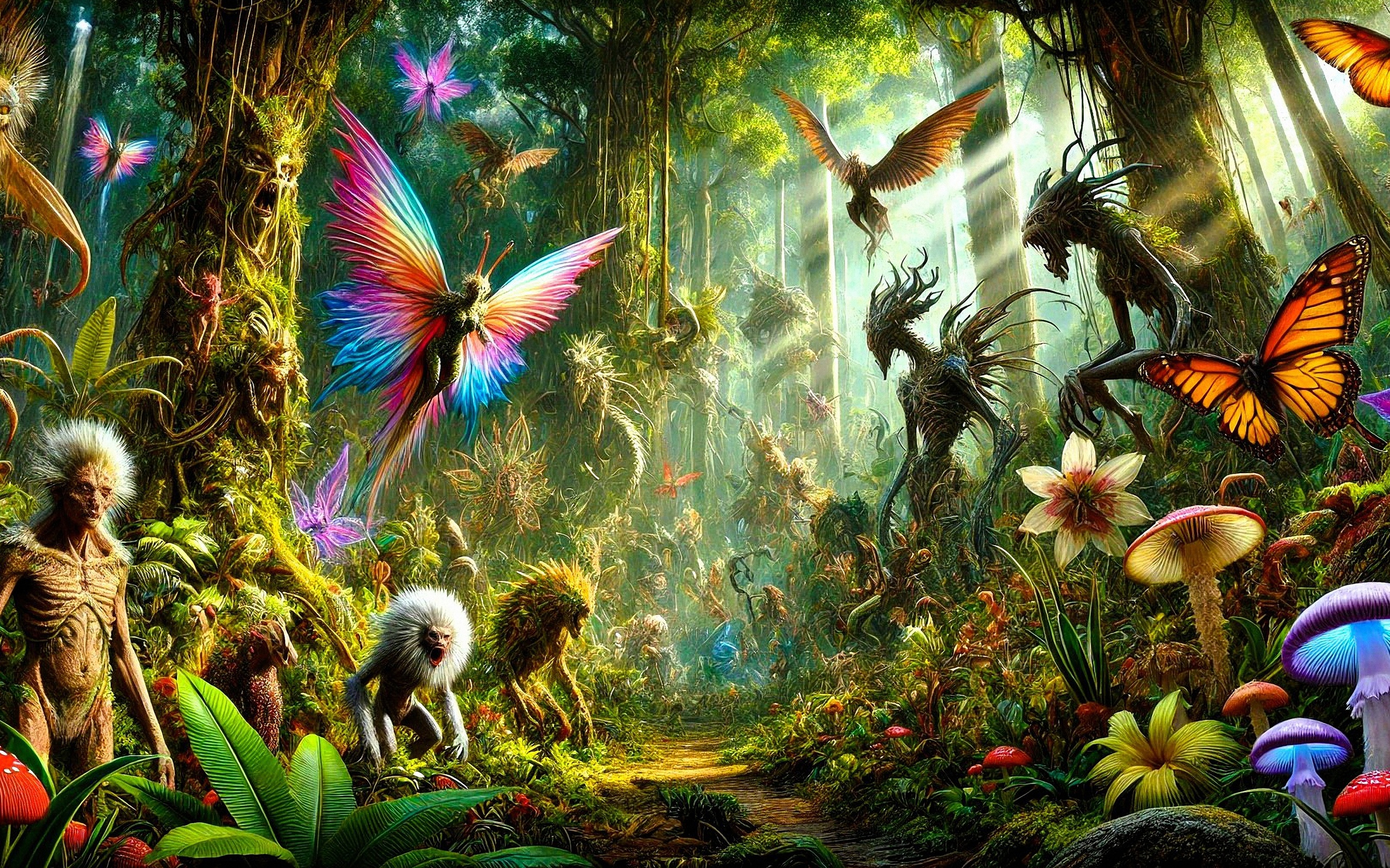 enchanted forest, fantasy creatures, colorful butterflies, magical plants, mystical atmosphere, surreal, fairytale, forest spirits, glowing mushrooms, nature