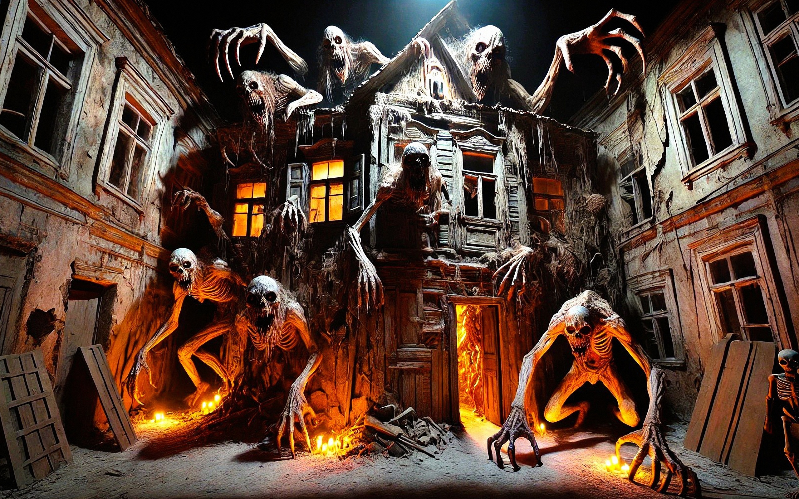 haunted house, horror, monsters, creepy, skeletons, abandoned, spooky, night, terrifying, shadows