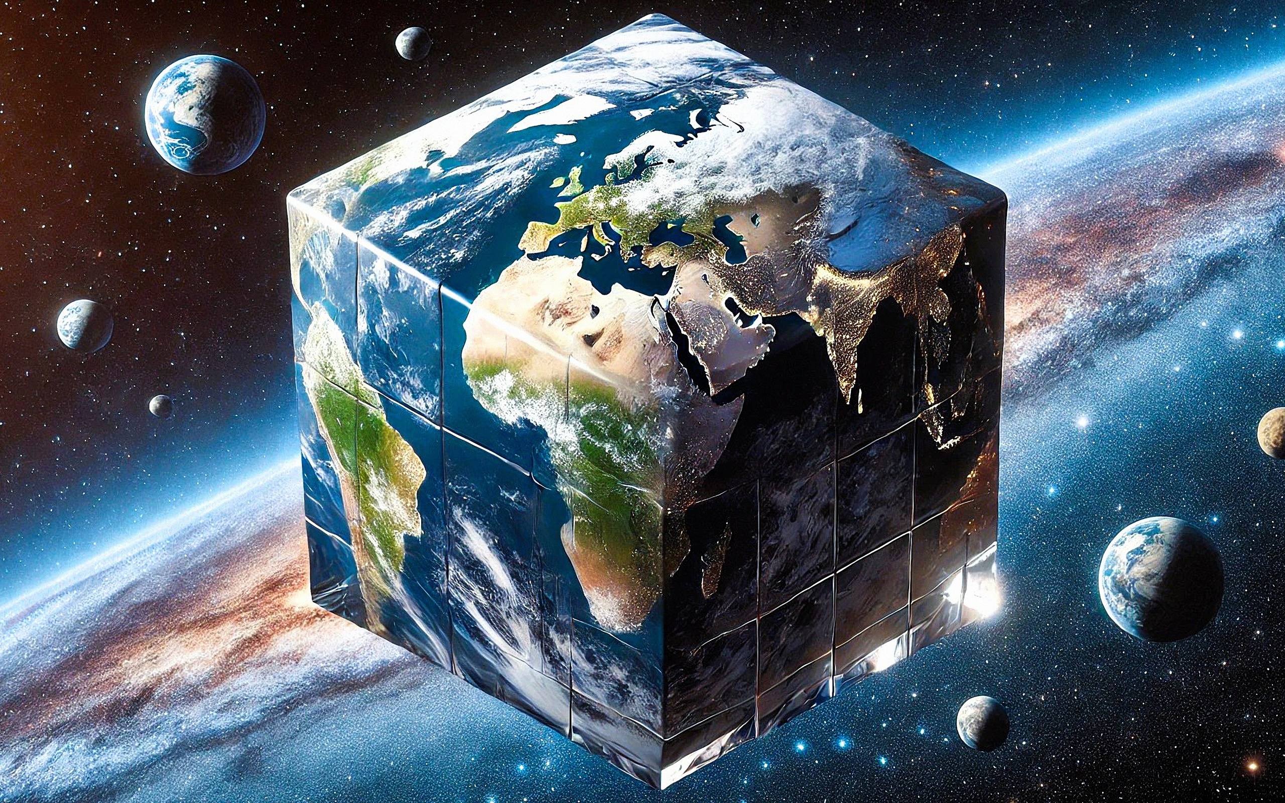 cube-shaped earth, outer space, surreal earth, cosmic background, planetary transformation, galaxy view, creative earth concept, alternate reality, space exploration, unique planet