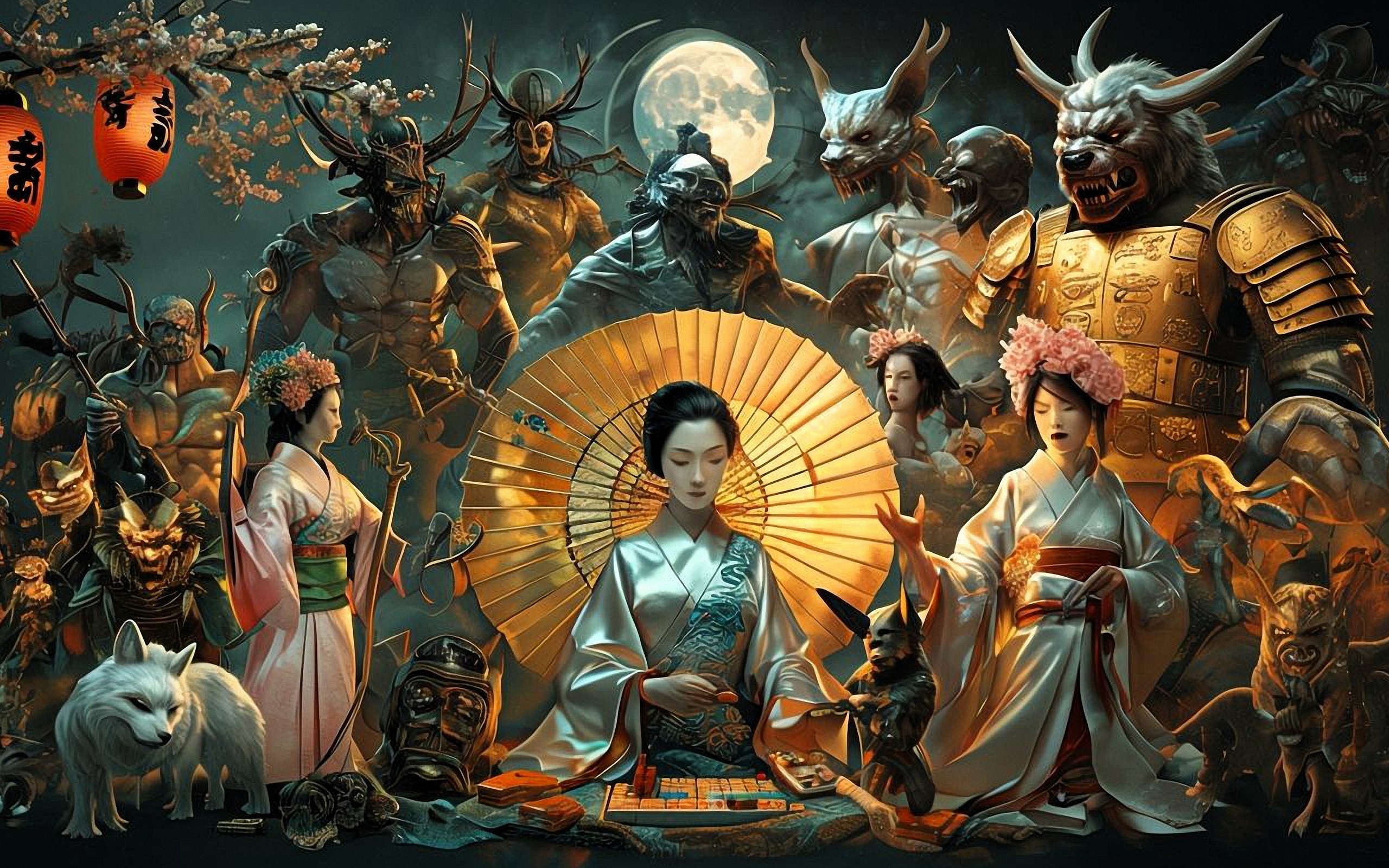 japanese mythology, folklore, demons, samurai, dragons, art, traditional, mythology, intricate, cultural