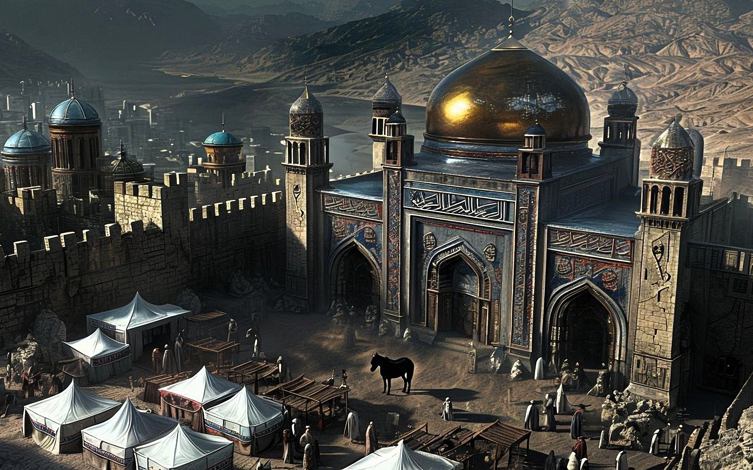 middle eastern, cityscape, mosque, market, fantasy, architecture, domes, ancient, desert, culture, traders, tents, historical, traditional, mountains, intricate, arabian, bustling, exotic, trade