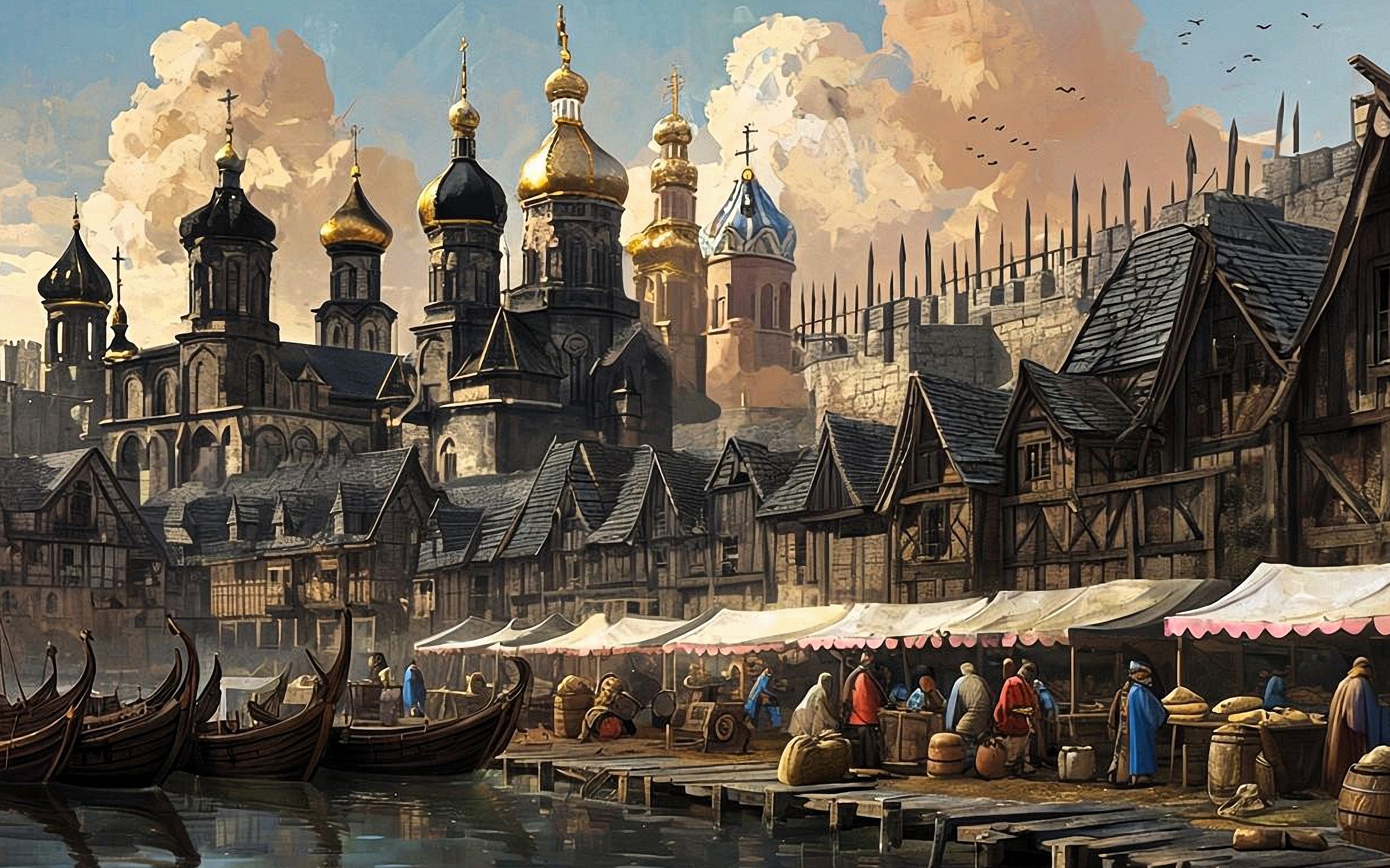 medieval, russian, cityscape, nostalgic, retro-futurism, architecture, river, market, boats, domes, spires, wooden, rustic, towers, trade, sunrise, history, culture, slavic, atmosphere