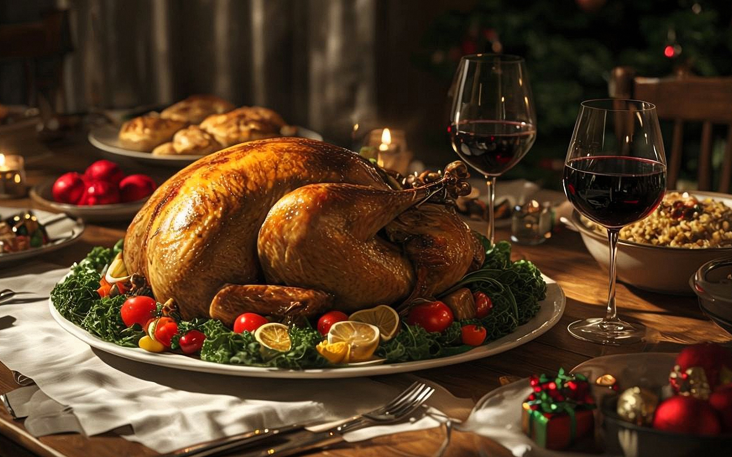 holiday, table, roasted turkey, wine glasses, festive, candles, christmas, decorations, dinner, feast, food, celebration, cozy, warm lighting, red ornaments, family, gourmet, tradition, serving, luxury