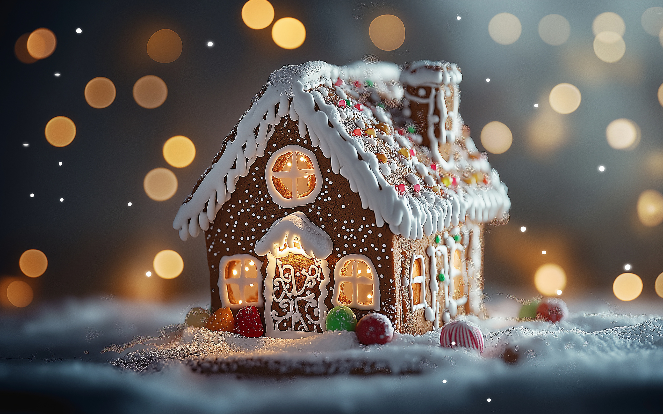 : gingerbread house, christmas decor, festive mood, winter atmosphere, decoration, snowy background, fairytale scene, holiday lights, winter coziness, icing, confectionery art, candy, winter, coziness, sweets, festive table, decorative cookies, snowflakes