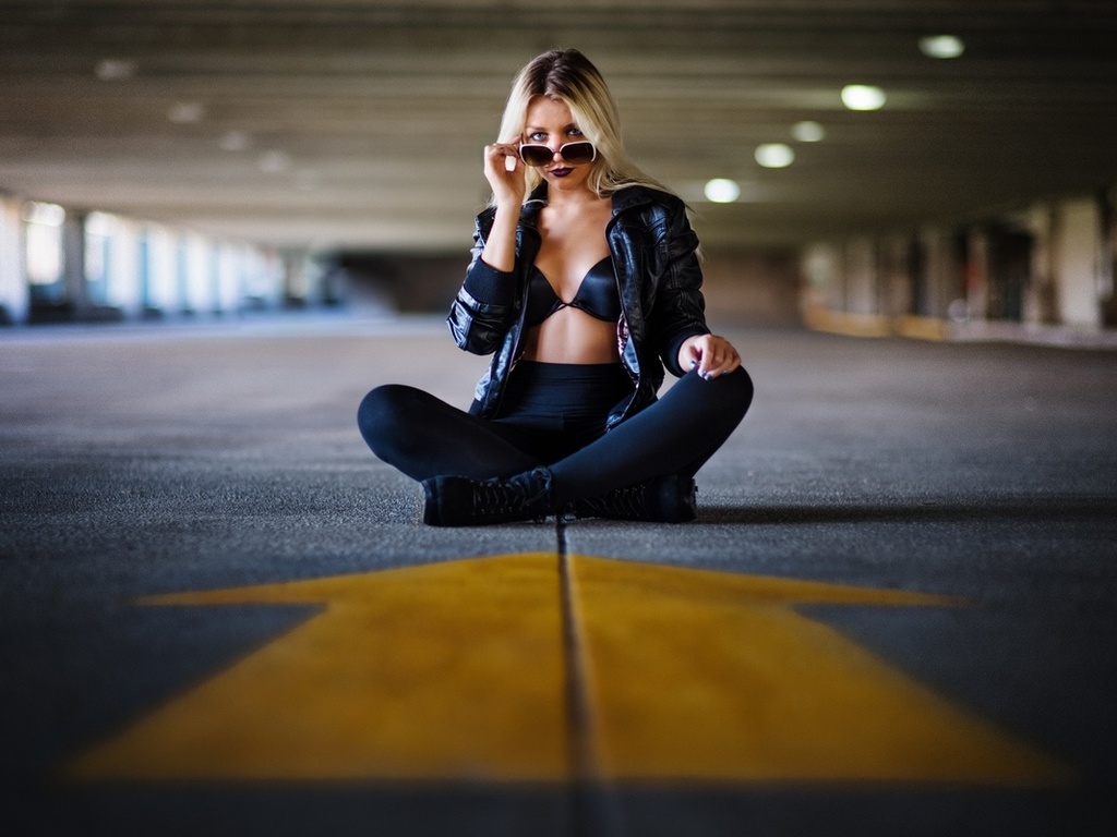 blonde, sitting, bra, jacket, leggings, beauty, sunglasses, pose