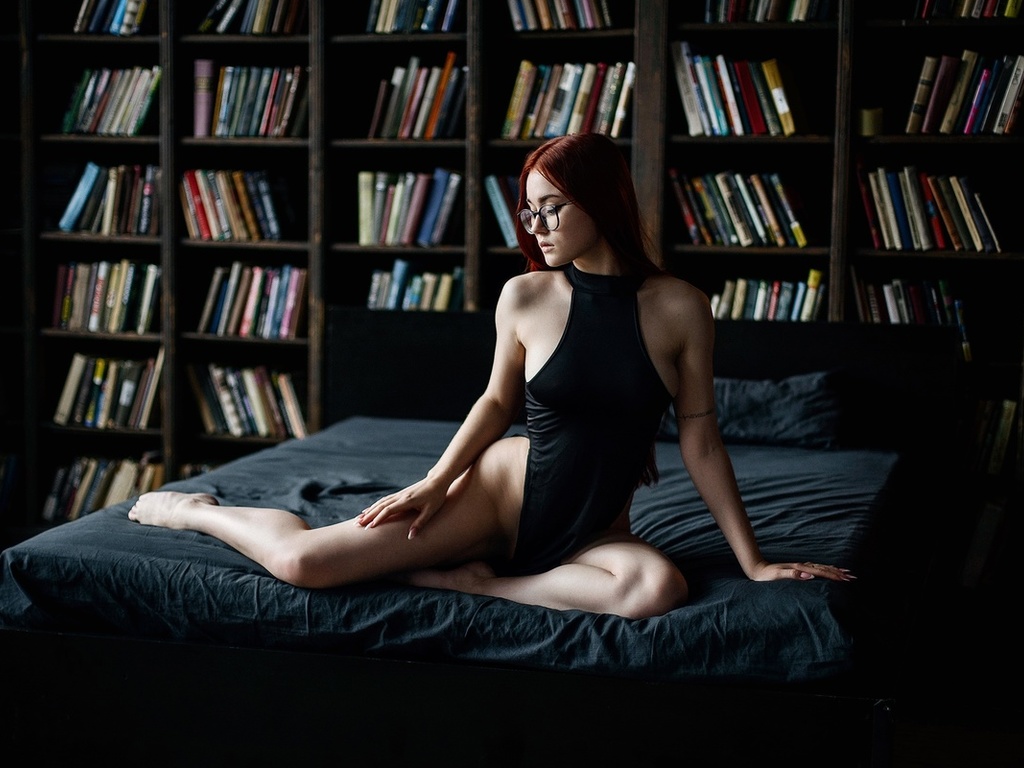 maksim chuprin, nadezhda tretyakova, redhead, in bed, women indoors, model, , women with glasses, women, hips, black dress