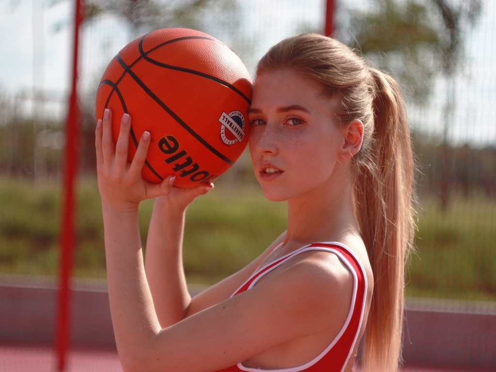 basketball, blonde, looking at viewer, , ponytail, model, women outdoors, sky, freckles, ball, sport, long hair