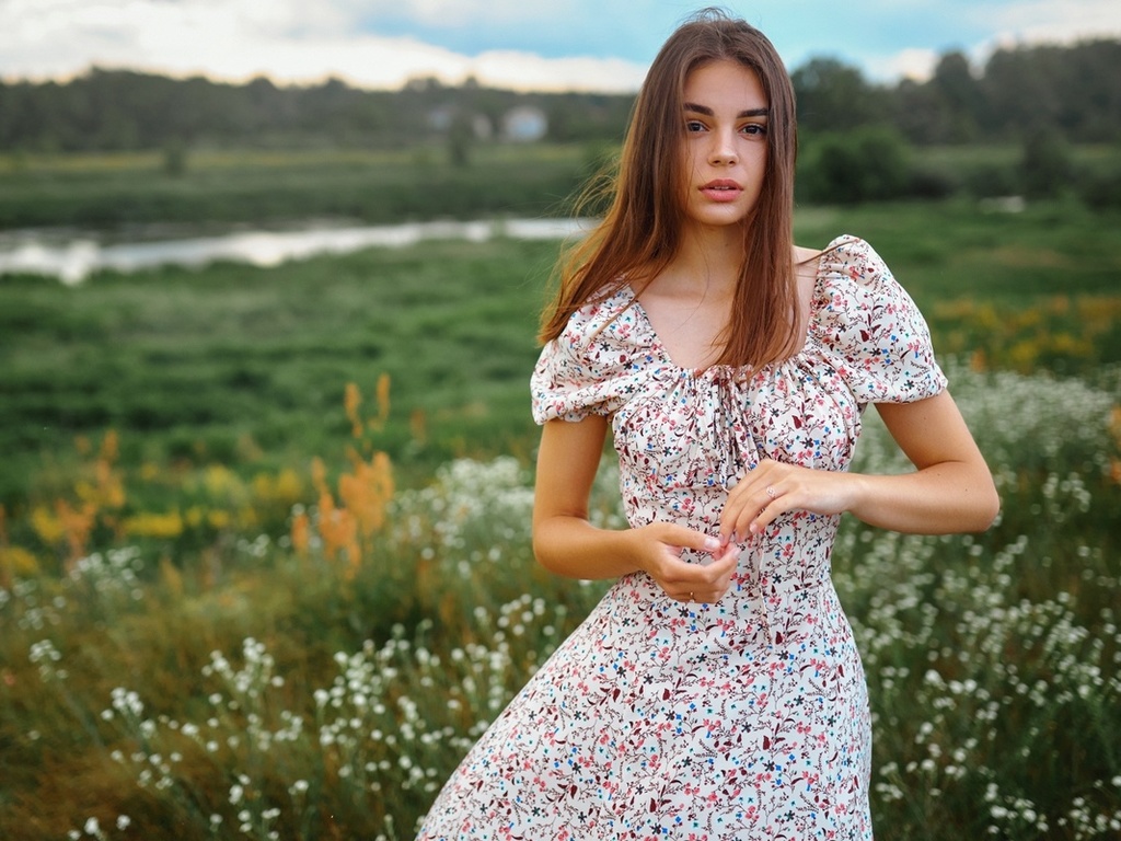 sergey bogatkov, summer dress, field, , brunette, nature, , model, clouds, sky, women, flowers