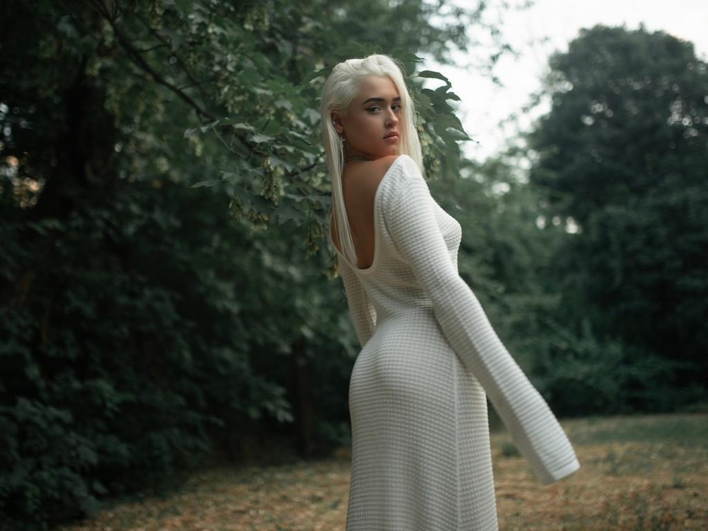 white dress, alexander nesterenko, nature, trees, model, ass, white hair, , , women, sky, rear view, dress