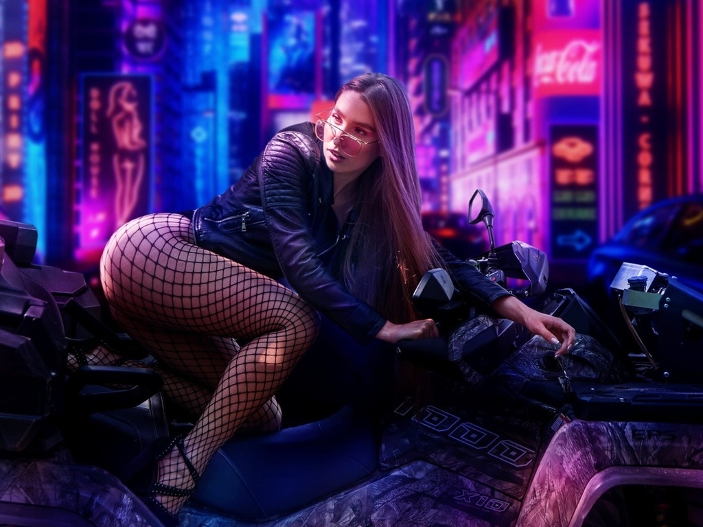 futuristic, brunette, bodysuit, , ass, women outdoors, model, hips, fishnet pantyhose, women, legs, leather jacket, women with glasses