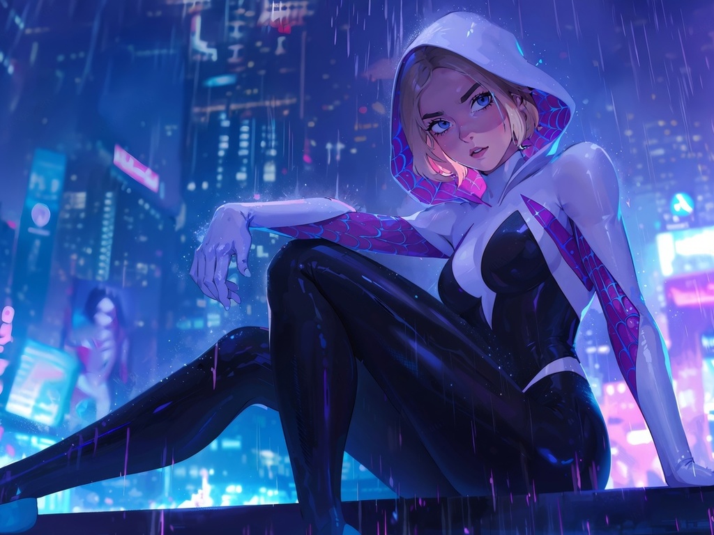 spider gwen, gwen stacy, bodysuit, blonde, rain, city, night, blue eyes, spider-man, spider-man: into the spider-verse, digital art