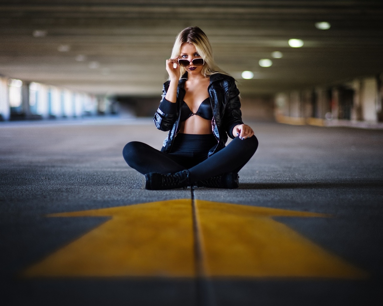 blonde, sitting, bra, jacket, leggings, beauty, sunglasses, pose