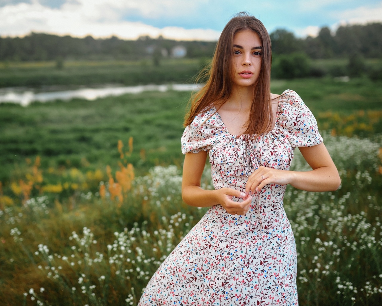 sergey bogatkov, summer dress, field, , brunette, nature, , model, clouds, sky, women, flowers