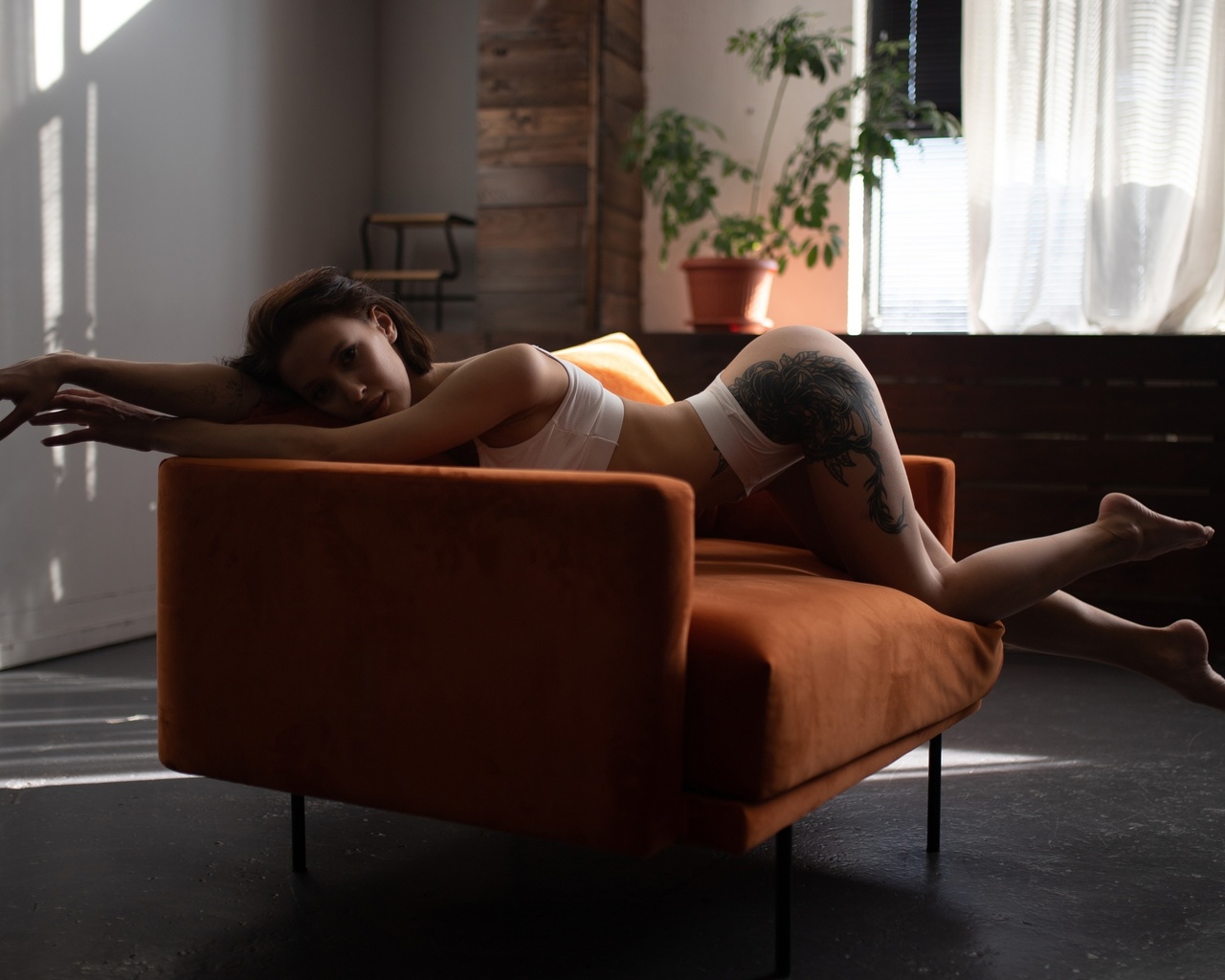 brunette, bent over, alexander nesterenko, brunette, ass, white tops, couch, women, white panties, plants, window, , orange couch, model, curtains, women indoors