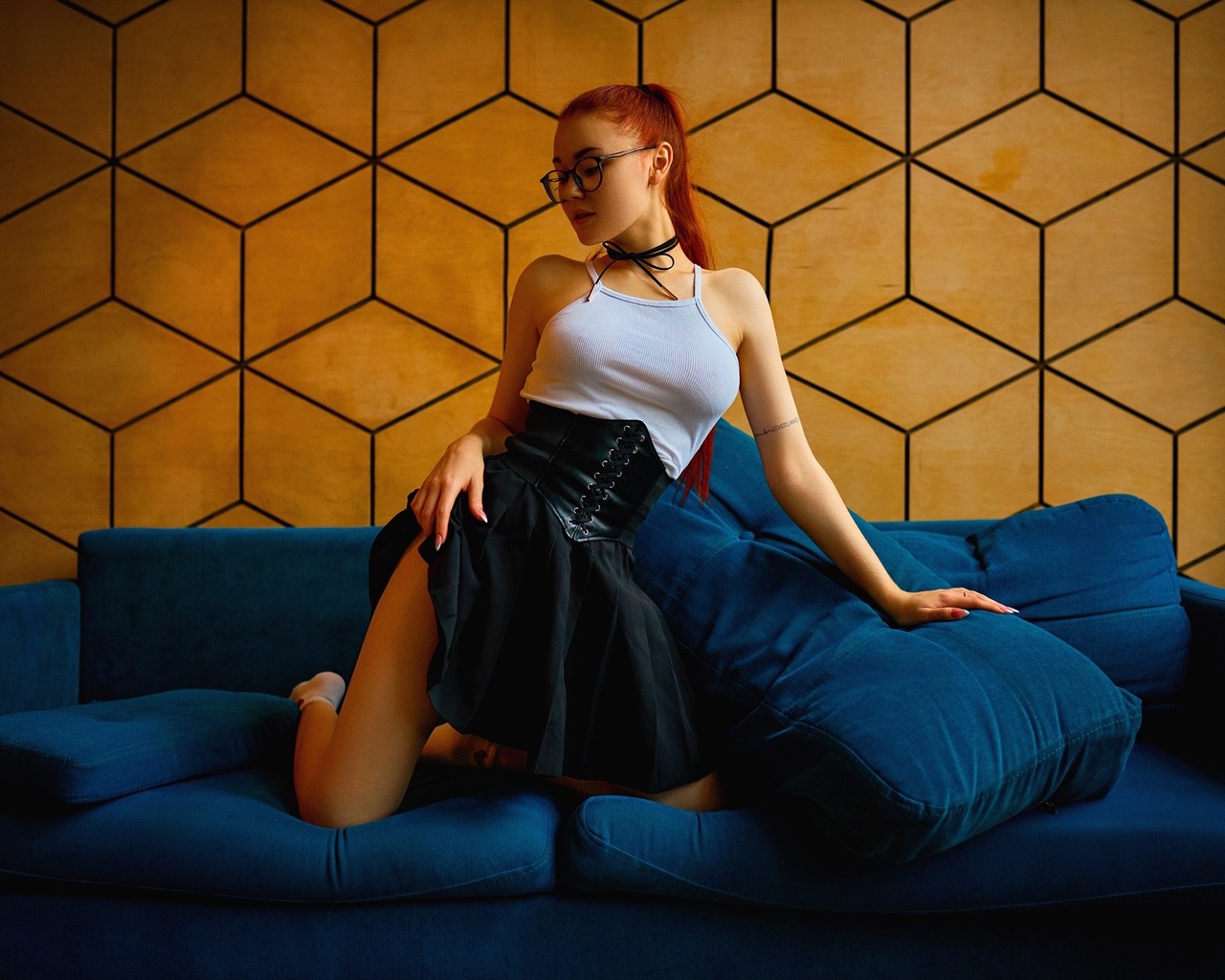 sergey bogatkov, redhead, miniskirt, black skirt, women indoors, women with glasses, , tattoo, nadezhda tretyakova, model, tank top, women, blue couch, kneeling